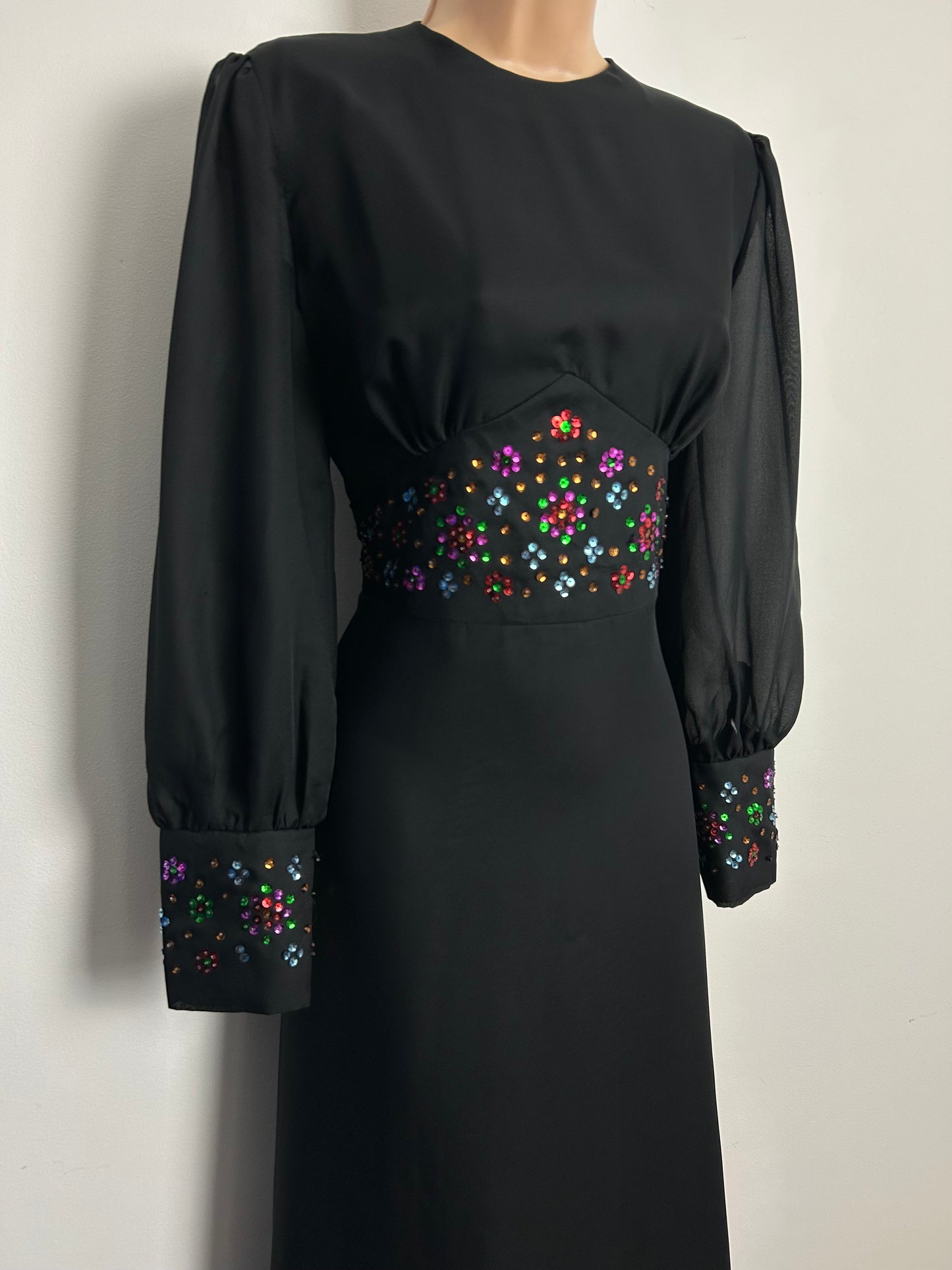 Vintage 1970s KLEEMIER HOFF Size 10 Black Chiffon Multicolour Sequin Detail Long Sleeve Occasion Maxi Dress