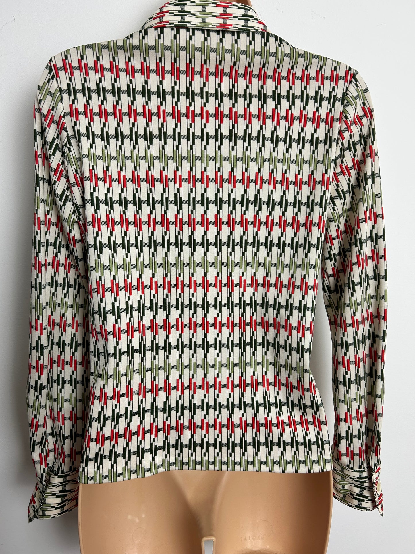 Vintage 1970s Size 10 Cream Green & Red Stripe Print Long Sleeve Shirt