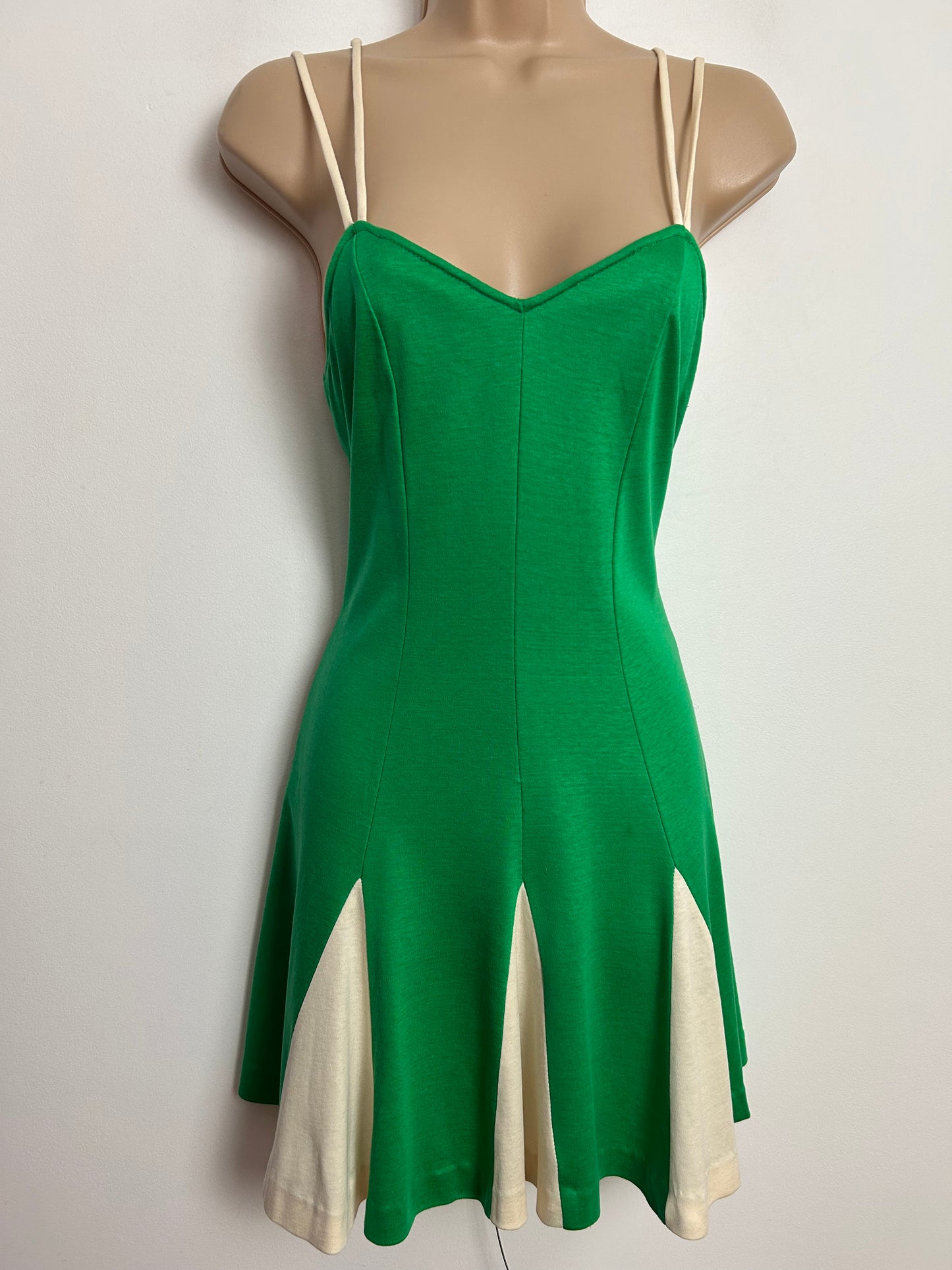 Vintage 1970s SAINT CLOUD Size 6 Green & Beige Double Strap Mini Sundress