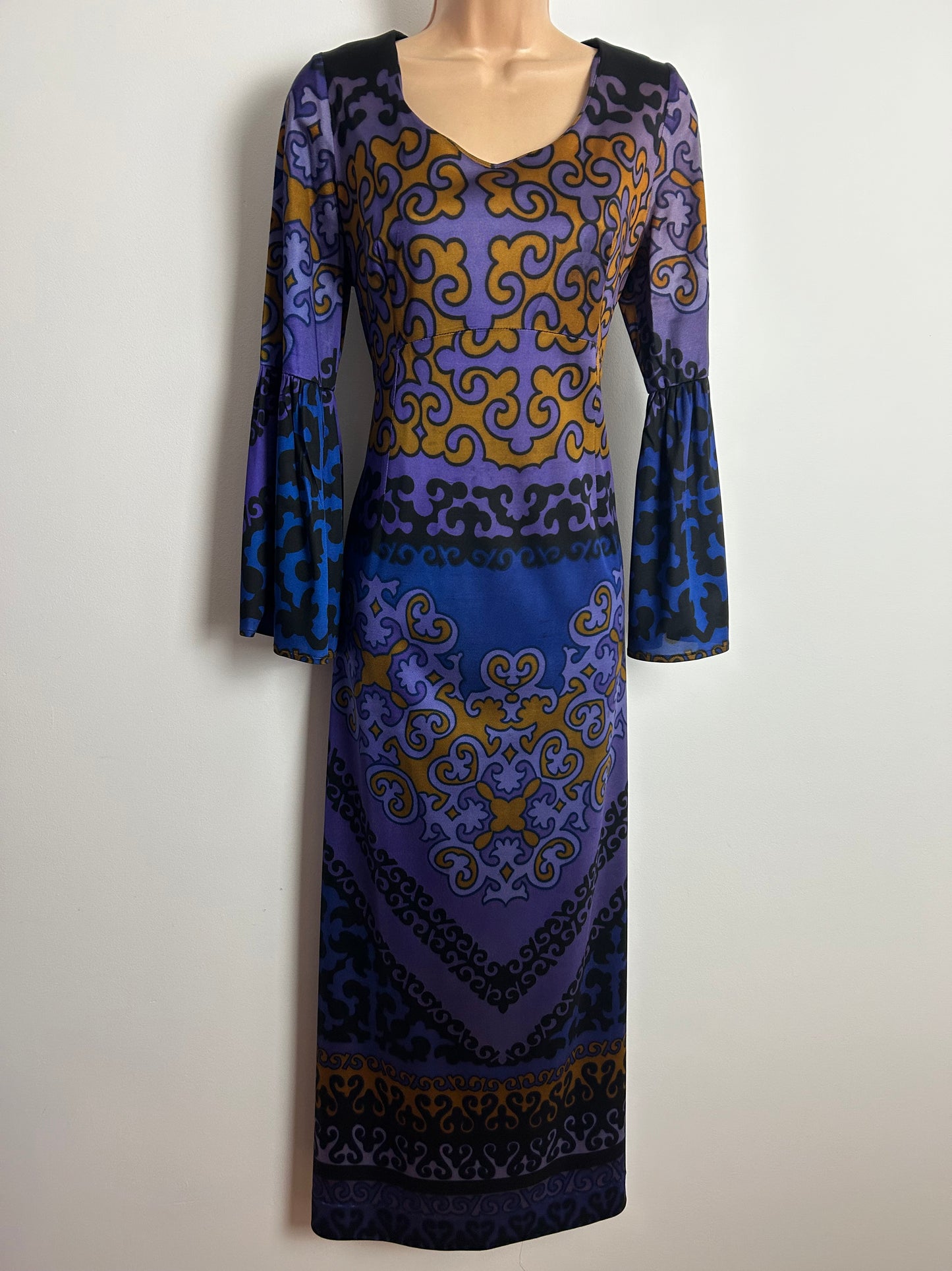 Vintage 1970s SIDGREENE OF LONDON Size 12 Mauve Blue & Dark Gold Abstract Long Sleeve Split Cuff Maxi Dress