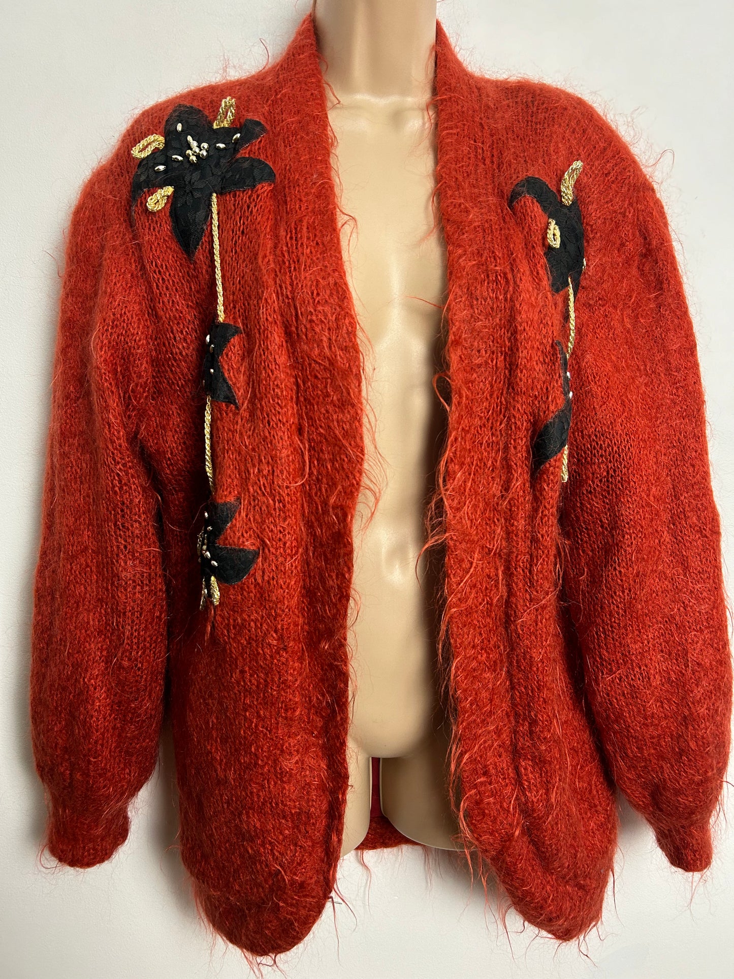 Vintage 1980s One Size Up To Size 16/18 Rusty Orange & Black Floral Applique Mohair Mix Bead Detail Open Fronted Cardigan