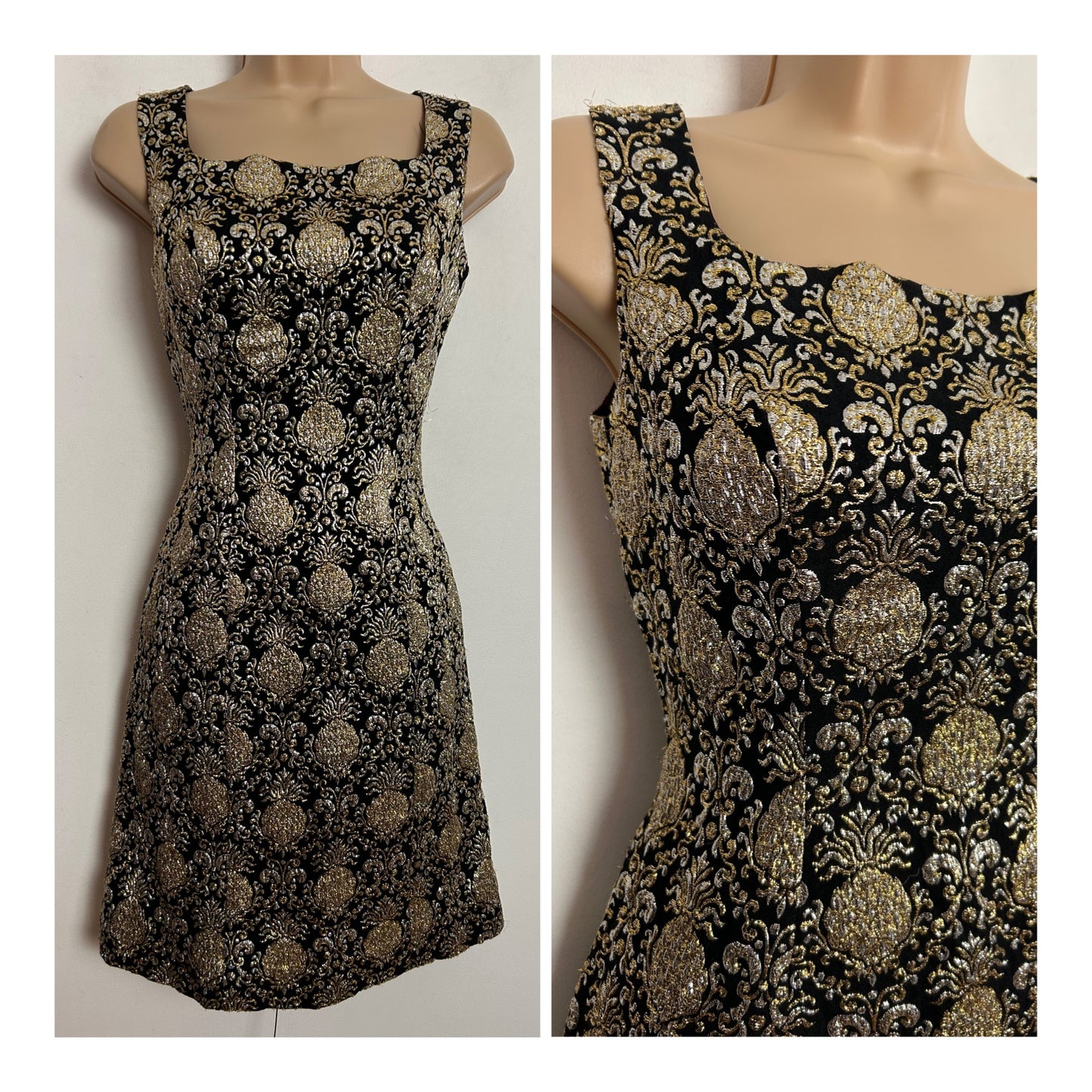 Vintage 1960s UK Size 6-8 Black Gold & Silver Brocade Party Occasion Mod Shift Dress