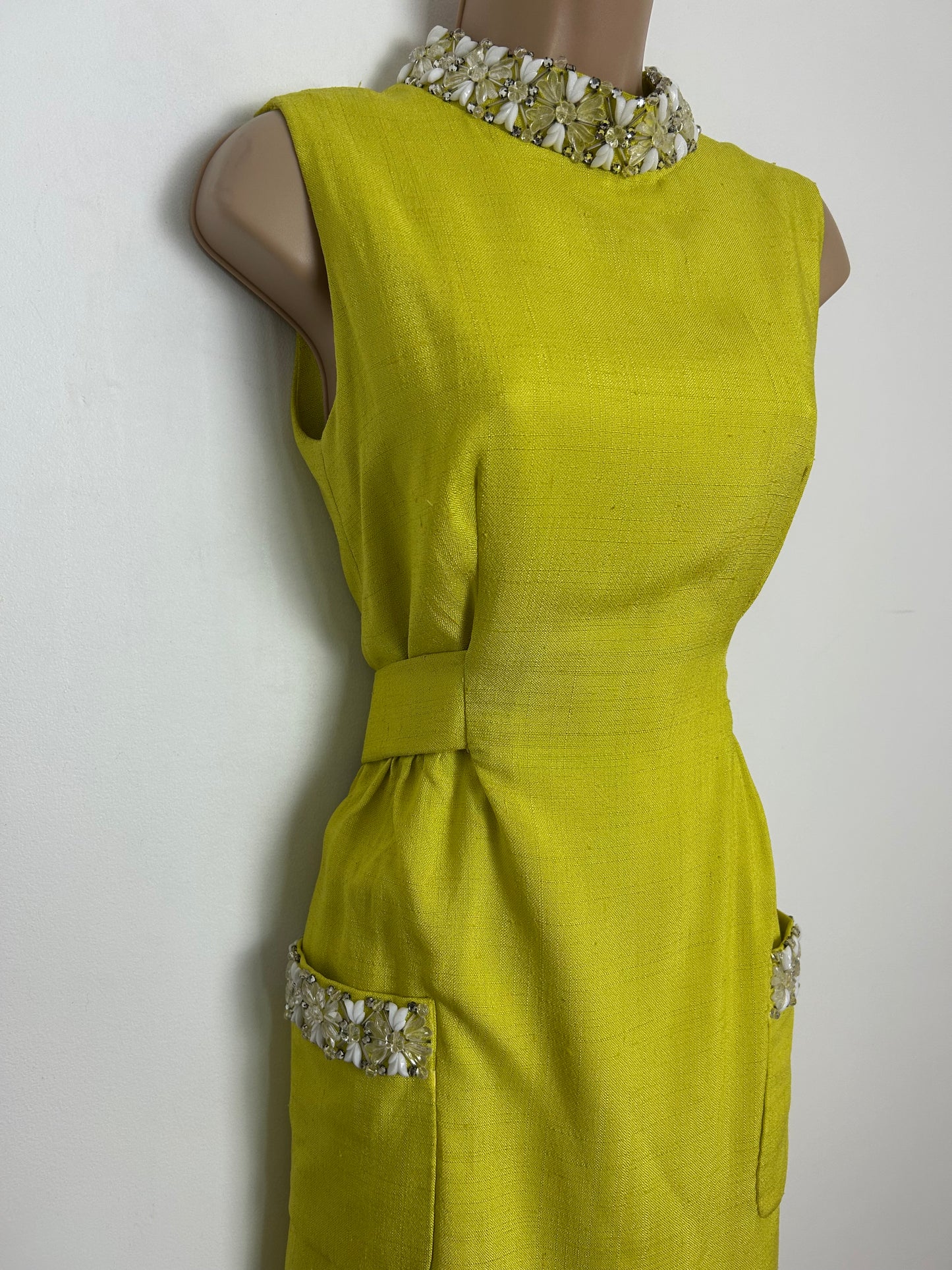 Vintage 1960s DYNASTY INTERNATIONAL Size 10 Chartreuse Bead Embellished Mod Special Occasion Party Dress