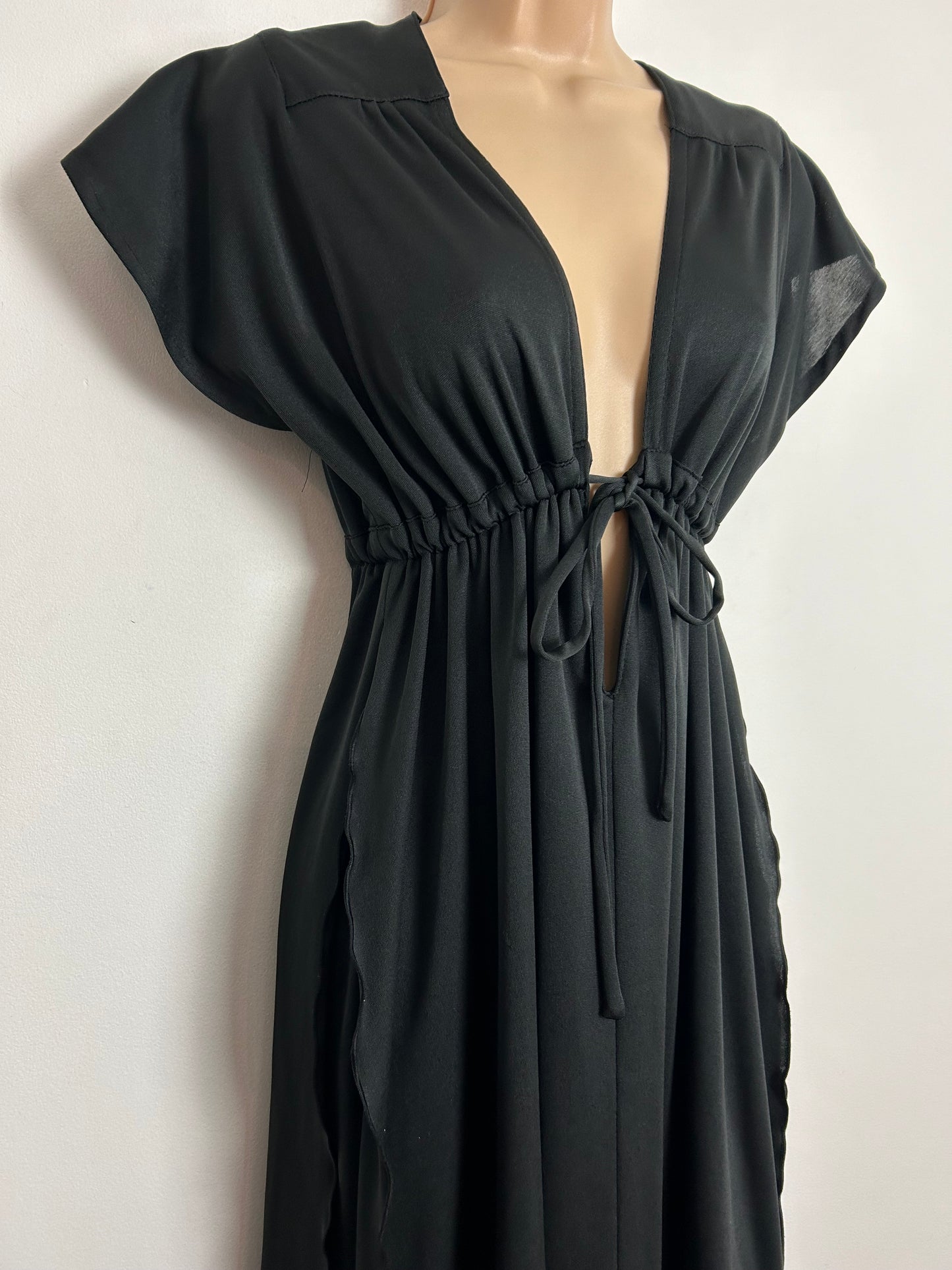 Vintage 1970s UK Size 8-10 Black Plunge V-Neck Draw Tie Waist Layered Maxi Dress