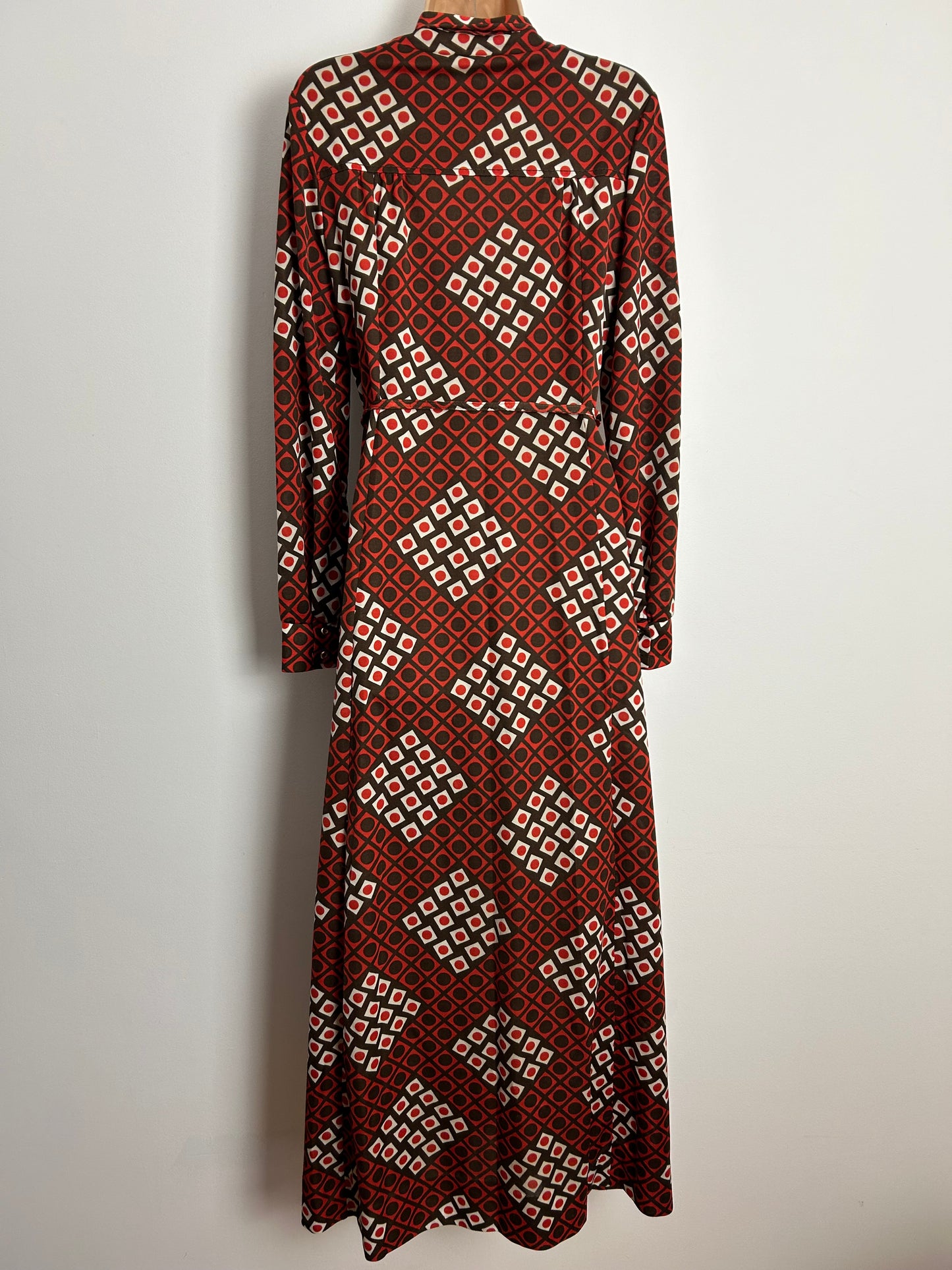 Vintage 1970s LEROSE UK Size 12-14 Dark Red White & Orange Square & Circle Print Long Sleeve Belted Pussy Bow Maxi Dress