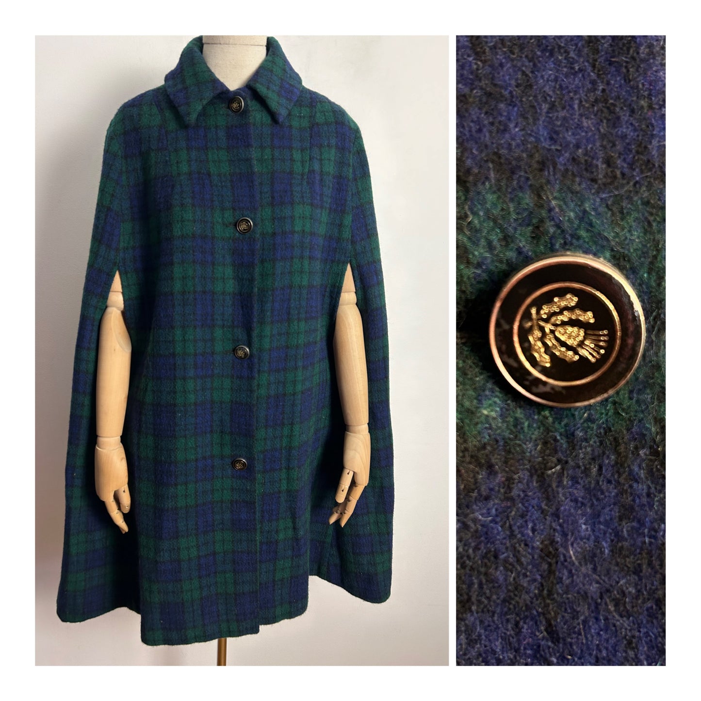 Vintage 1990s UK Size 10 Dark Blue & Green Tartan Check Scottish Wool Cape