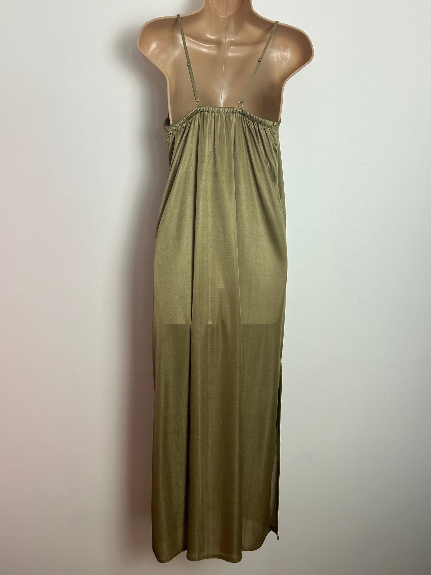 Vintage 1980s Size 10 Olive Brown Lace Trim Strappy Full Length Nightie Negligee Slip