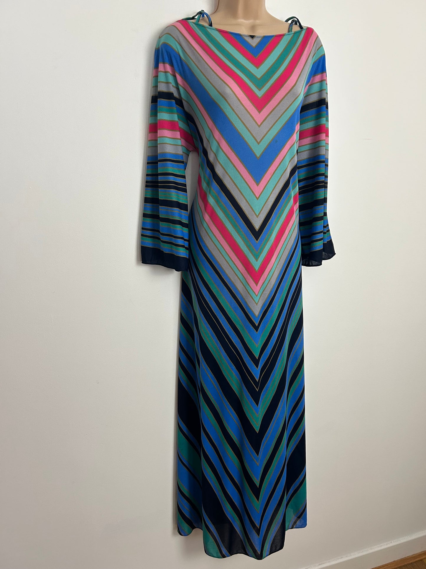 Vintage 1970s POMPADOUR Up To Size 12 Blue Pink Mint Green Chevron Stripe 3/4 Sleeve Criss Cross Strap Kaftan Style Maxi Dress