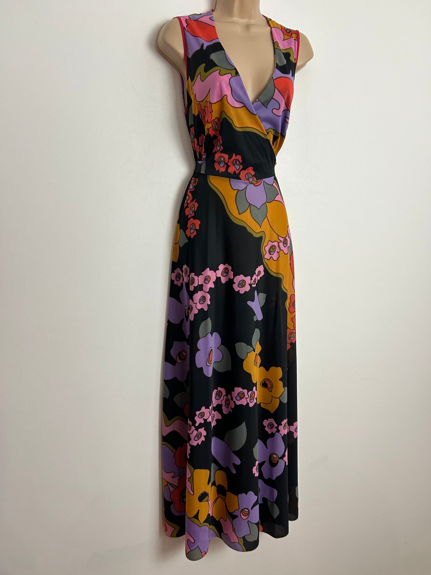 Vintage 1970s UK Size 14 Black Pink Lilac Orange & Mustard Yellow Lightweight Nylon Maxi Dress
