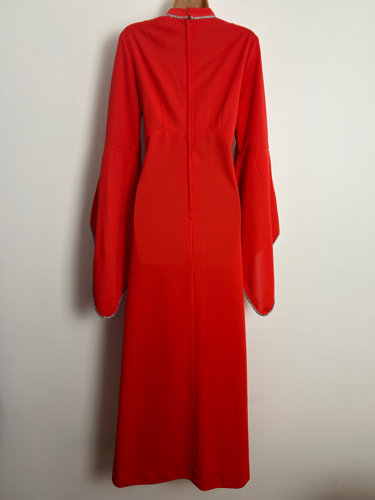 Vintage 1970s HENRIQUES OF LONDON UK Size 14 Orangey Red Long Double Sleeve Prairie Boho Occasion Maxi Dress