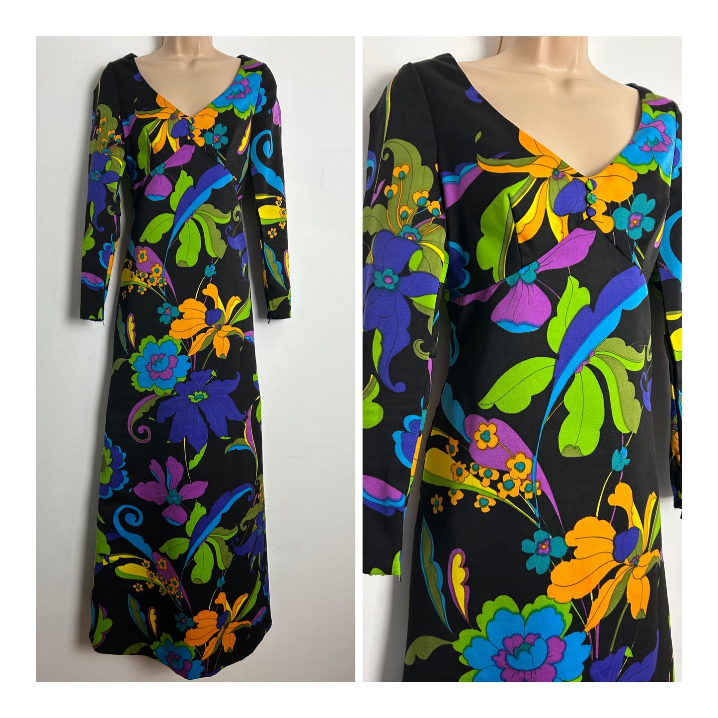 Vintage 1970s UK Size 8-10 Black Vibrant Multicolour Floral Print Long Sleeve Maxi Dress
