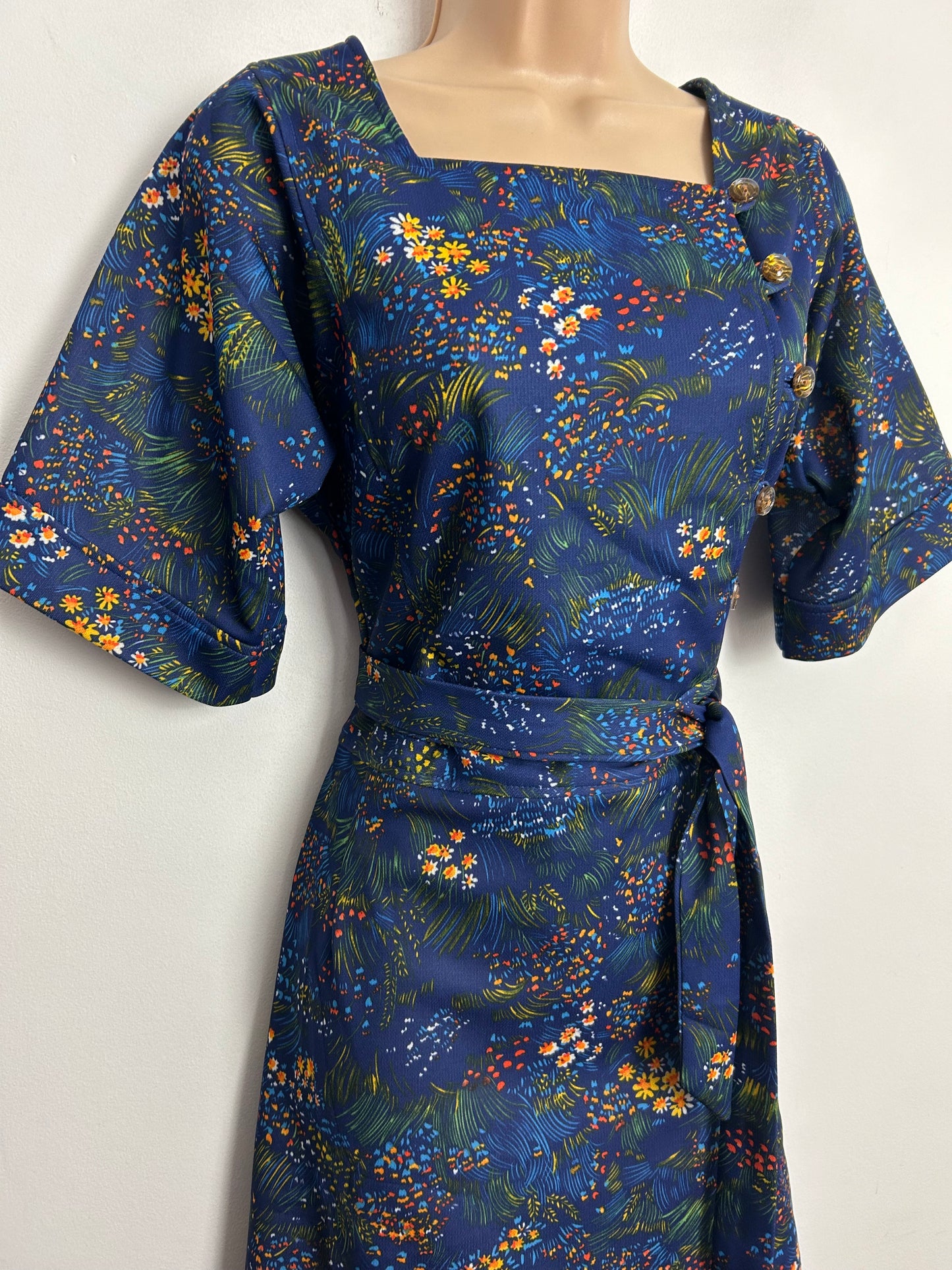 Vintage 1970s UK Size 8 Navy Blue & Orange Floral Print Short Sleeve Belted Day Dress