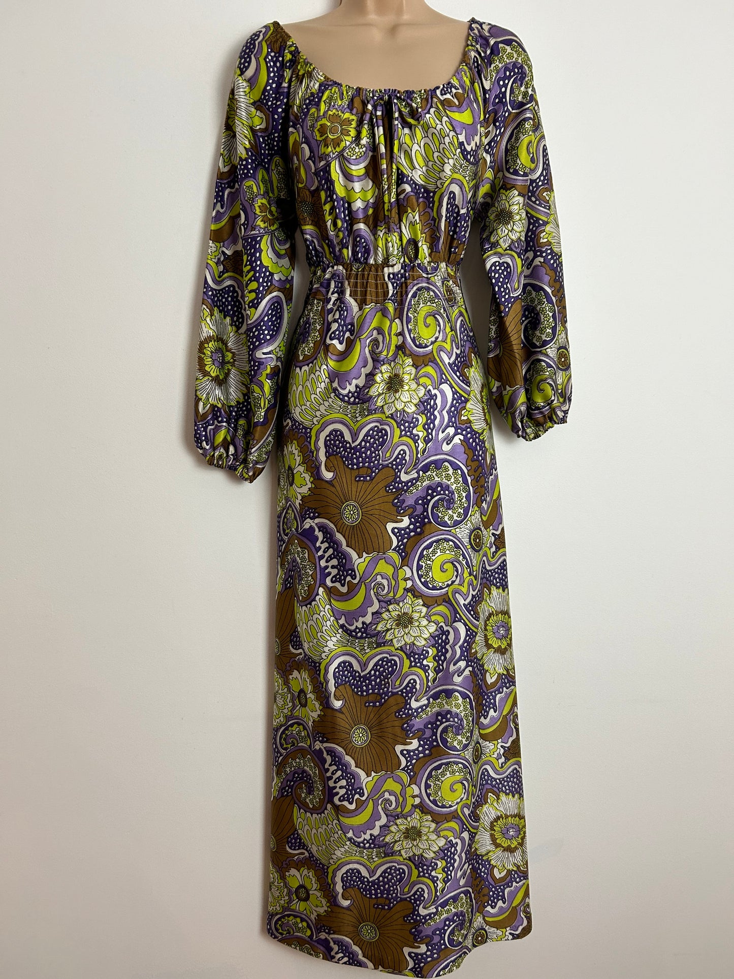 Vintage 1970s RICHARD SHOPS UK Size 10 Purple Green & Brown Psychedelic Floral Print On/Off Shoulder Long Sleeve Maxi Dress
