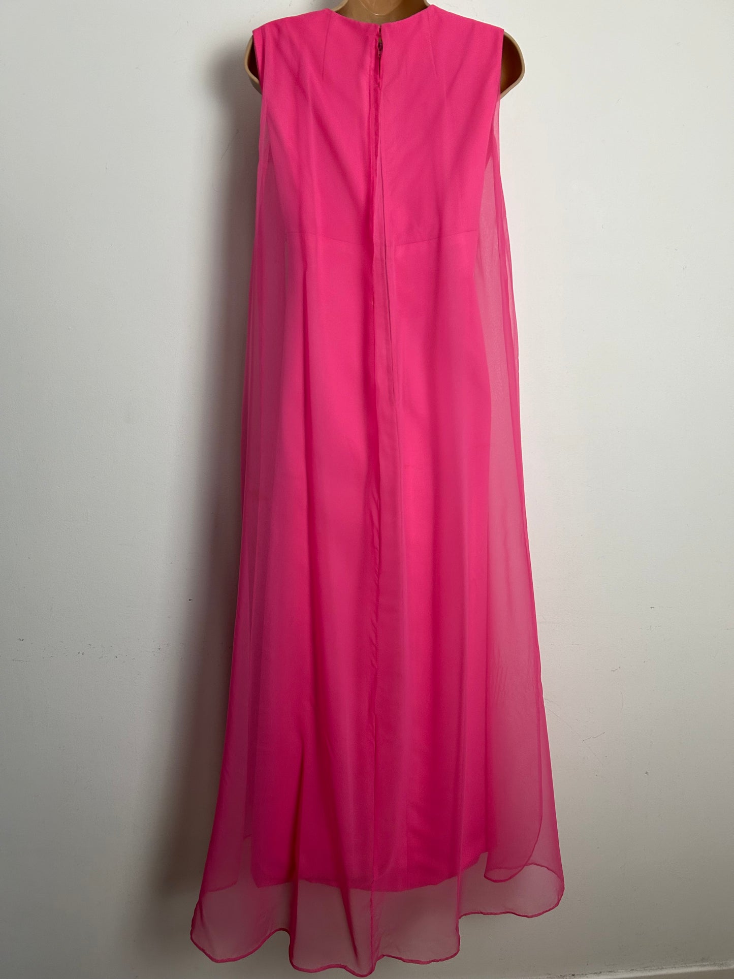 Vintage 1960s Size 8-10 Candy Pink Sequin & Droplet Bead Embellished Cape Layer Occasion Maxi Dress