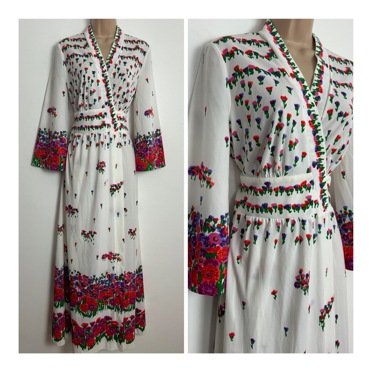 Vintage 1970s FURSTENBURG Size 12 White Red Pink & Green Floral Print Wrap Maxi Dress