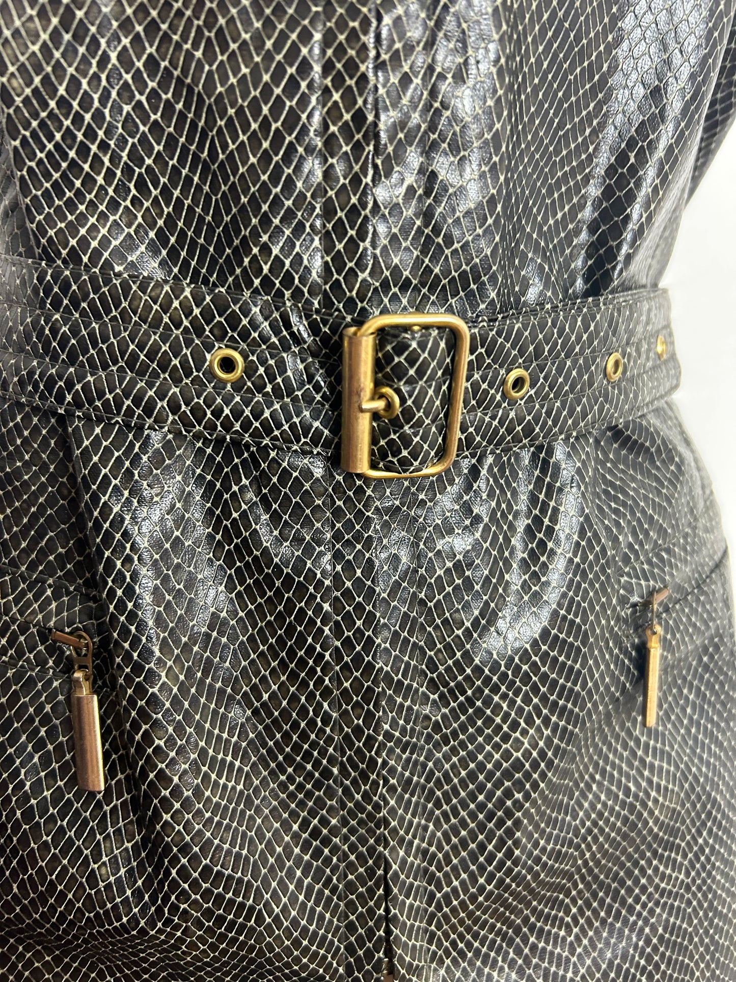 Vintage 1980s BETTY BARCLAY Size 12 Brown Faux Leather Reptile Skin Belted Zip Front Waistcoat Gilet Style Top