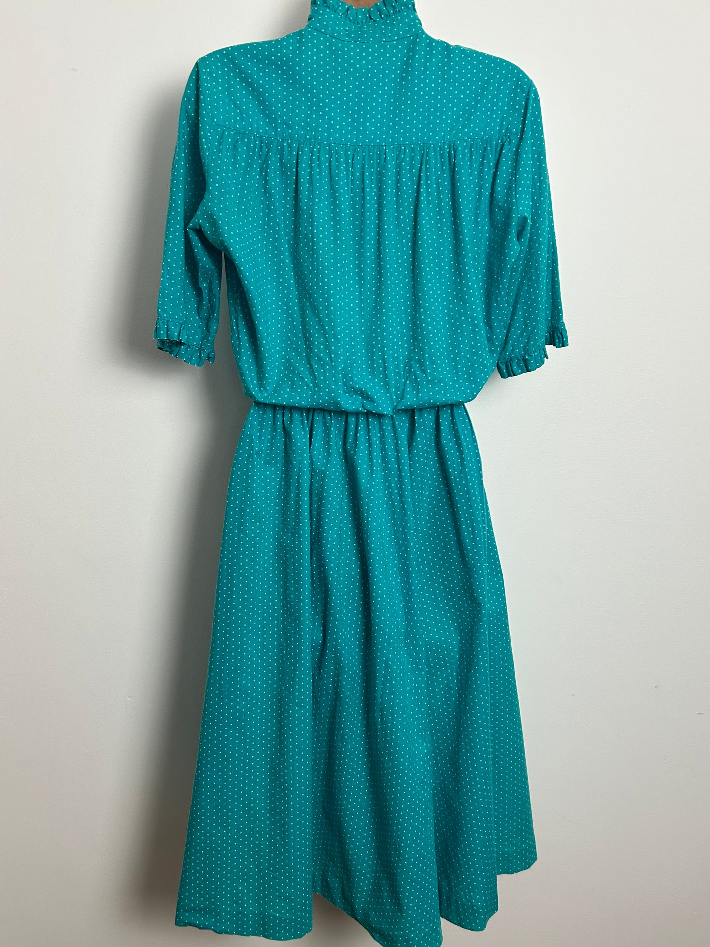 Vintage 1980s LAURA ASHLEY Size 10 Dark Turquoise & White Polka Dot Cotton Tea Dress