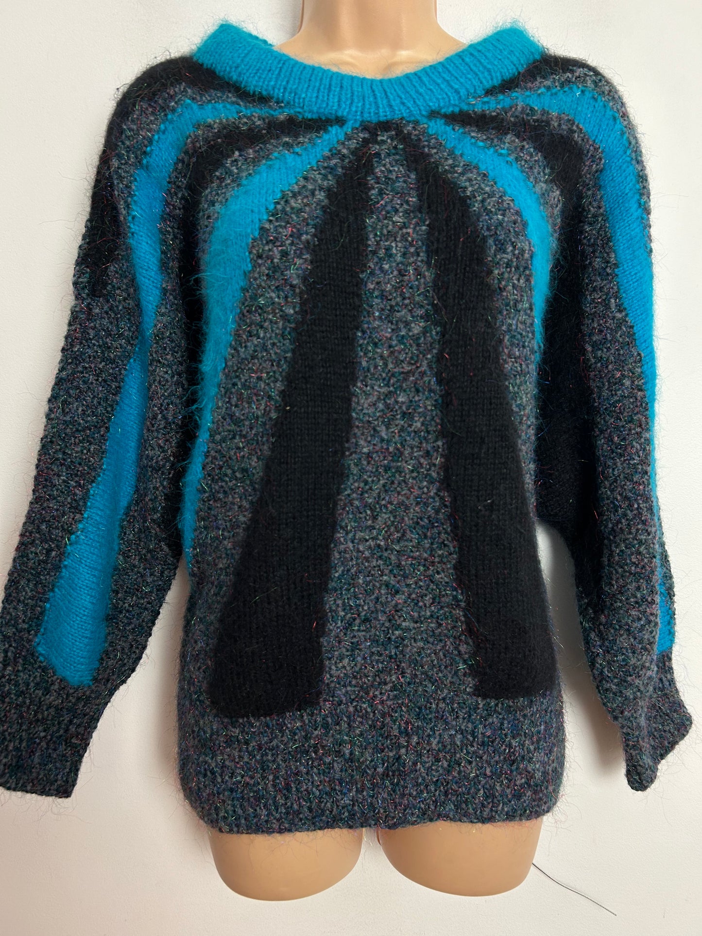 Vintage 1980s One Size Up To 16 Grey Black & Dark Turquoise Sun Ray Pattern Mohair Mix Jumper