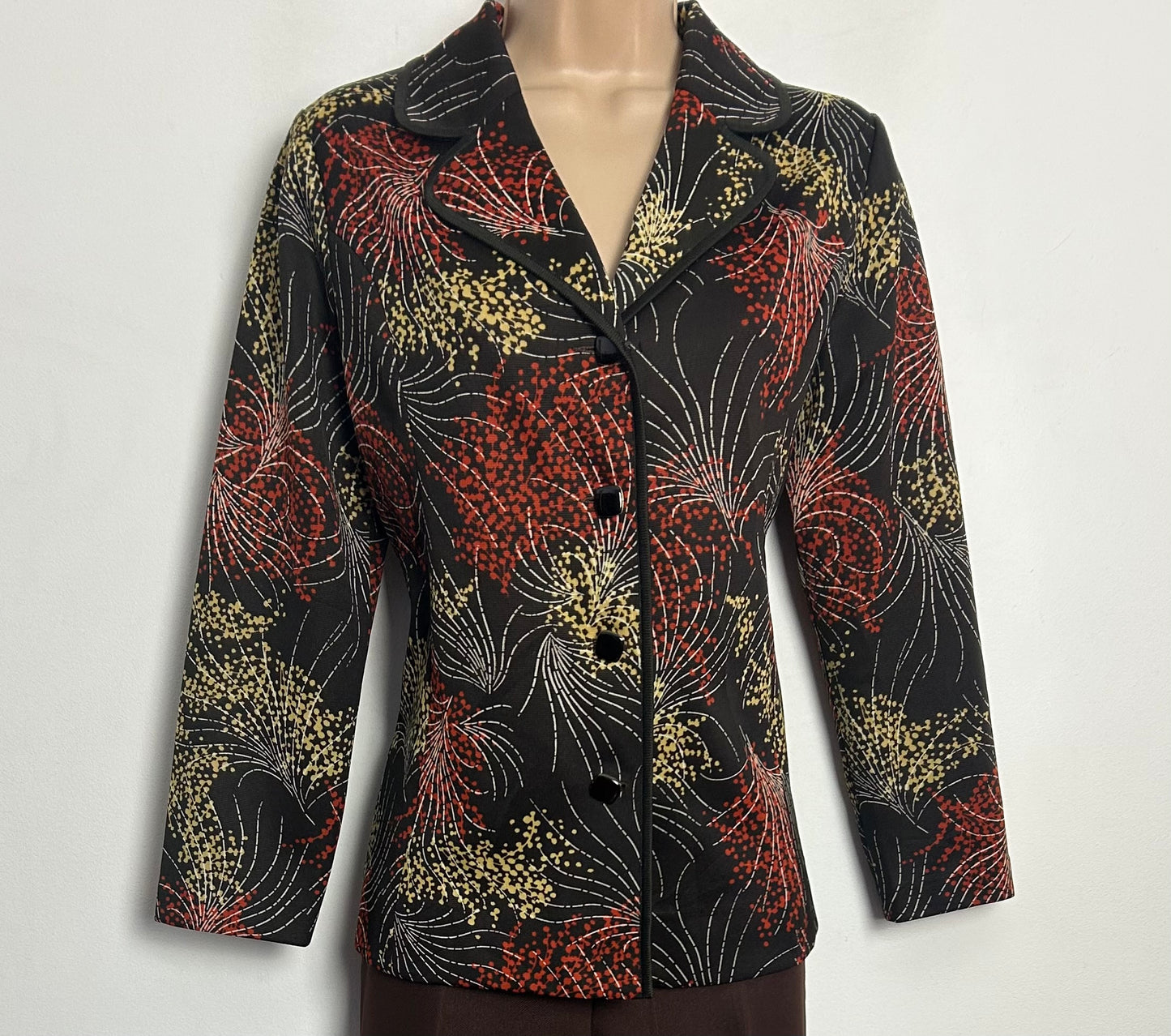 Vintage 1960s UK Size 10-12 Brown Beige & Rusty Orange Abstract Print Long Sleeve Shirt/Top