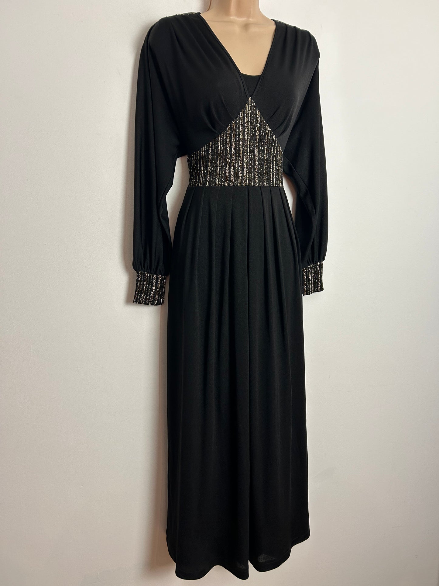 Vintage Early 1980s E&M AUGUSTAT UK Size 10 Black & Metallic Gold Pleated Evening Maxi Dress