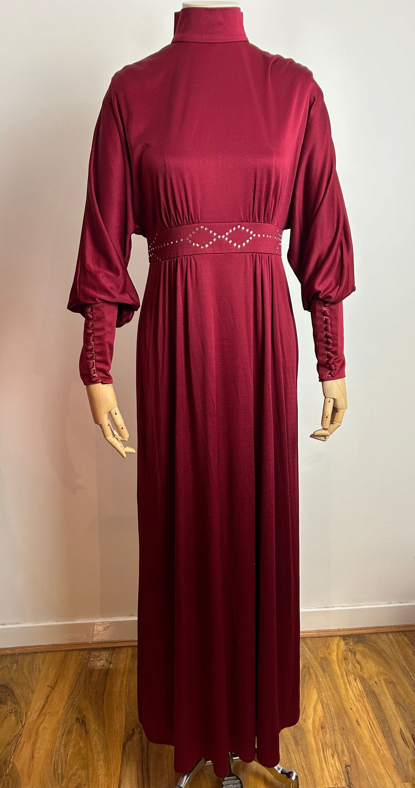 Vintage Late 1970s COCKTAIL HOFFMAN UK Size 12 Dark Red Long Dolman Sleeve Tight Cuffs Rhinestone Detail Occasion Evening Maxi Dress