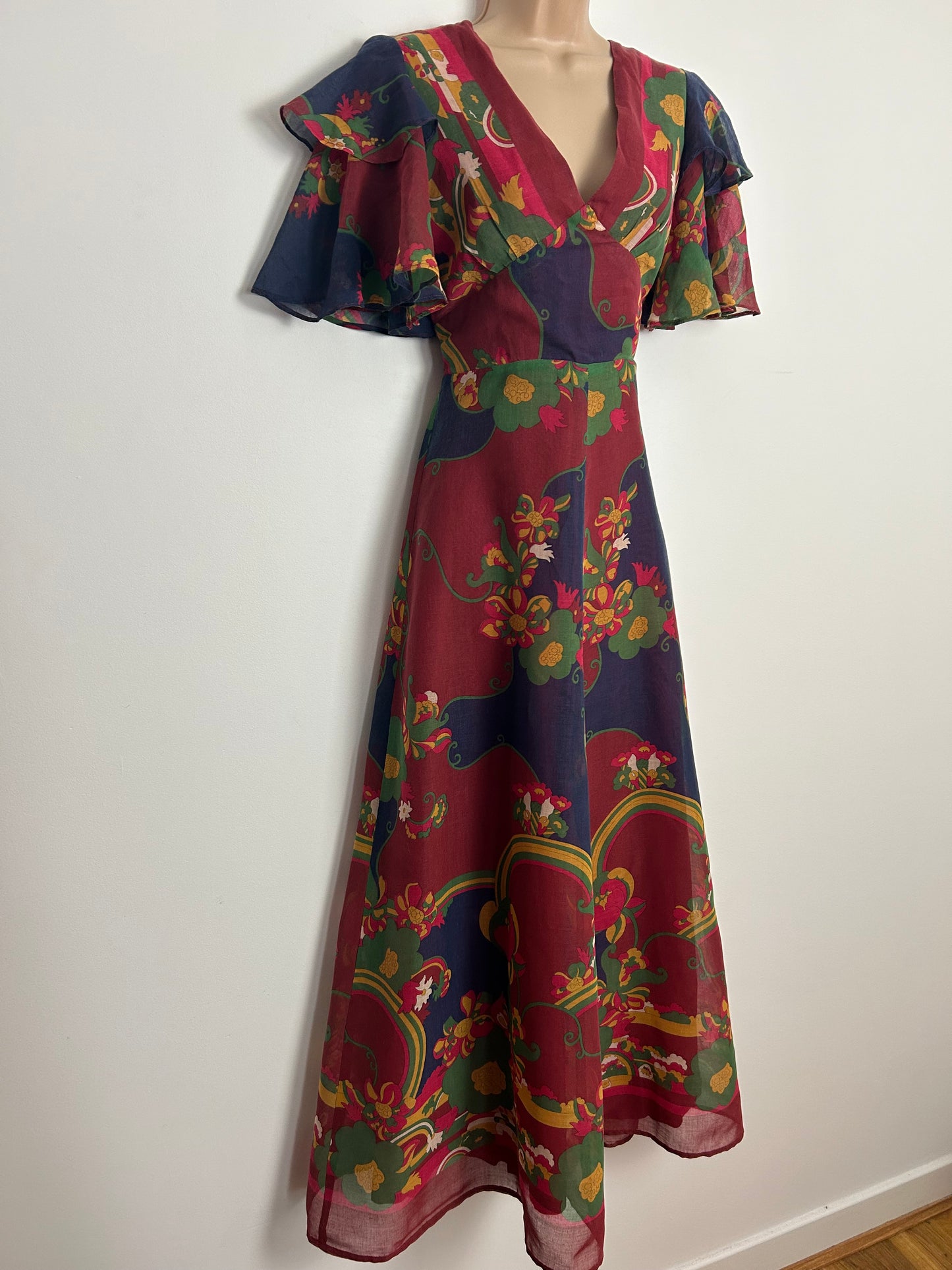 Vintage 1970s (SAMUEL) SHERMAN OF LONDON Size 8 Maroon Navy Blue & Green Floral Print Flutter Sleeve Maxi Dress