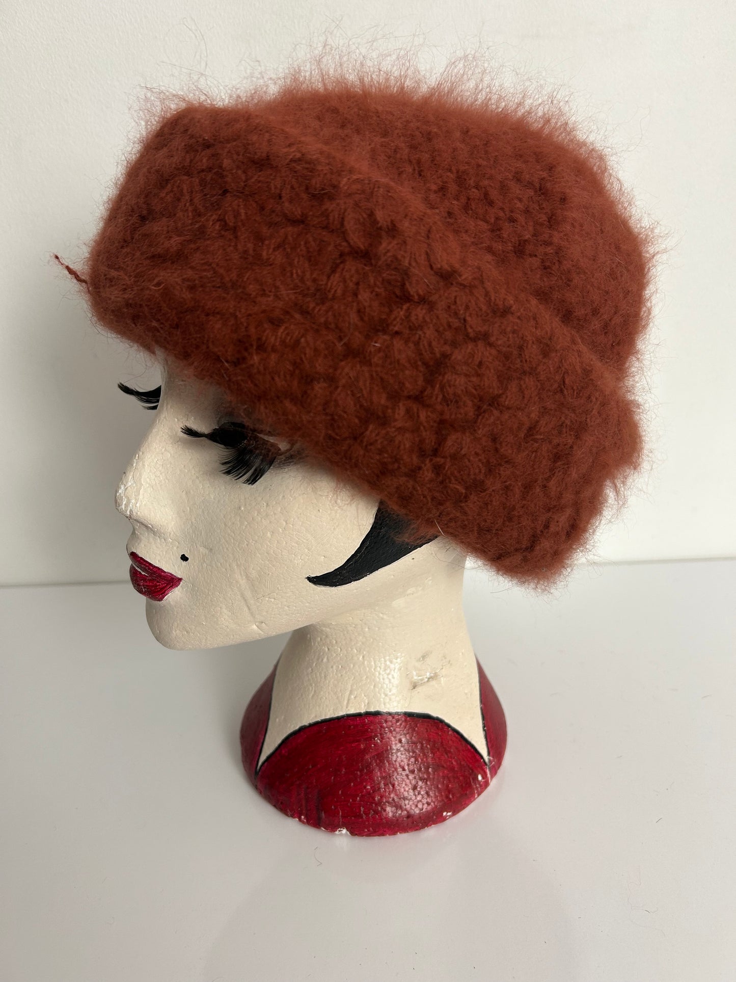 Vintage Handmade Dark Dusky Rusty Brown Angora & Wool Mix Chunky Knitted Winter Hat