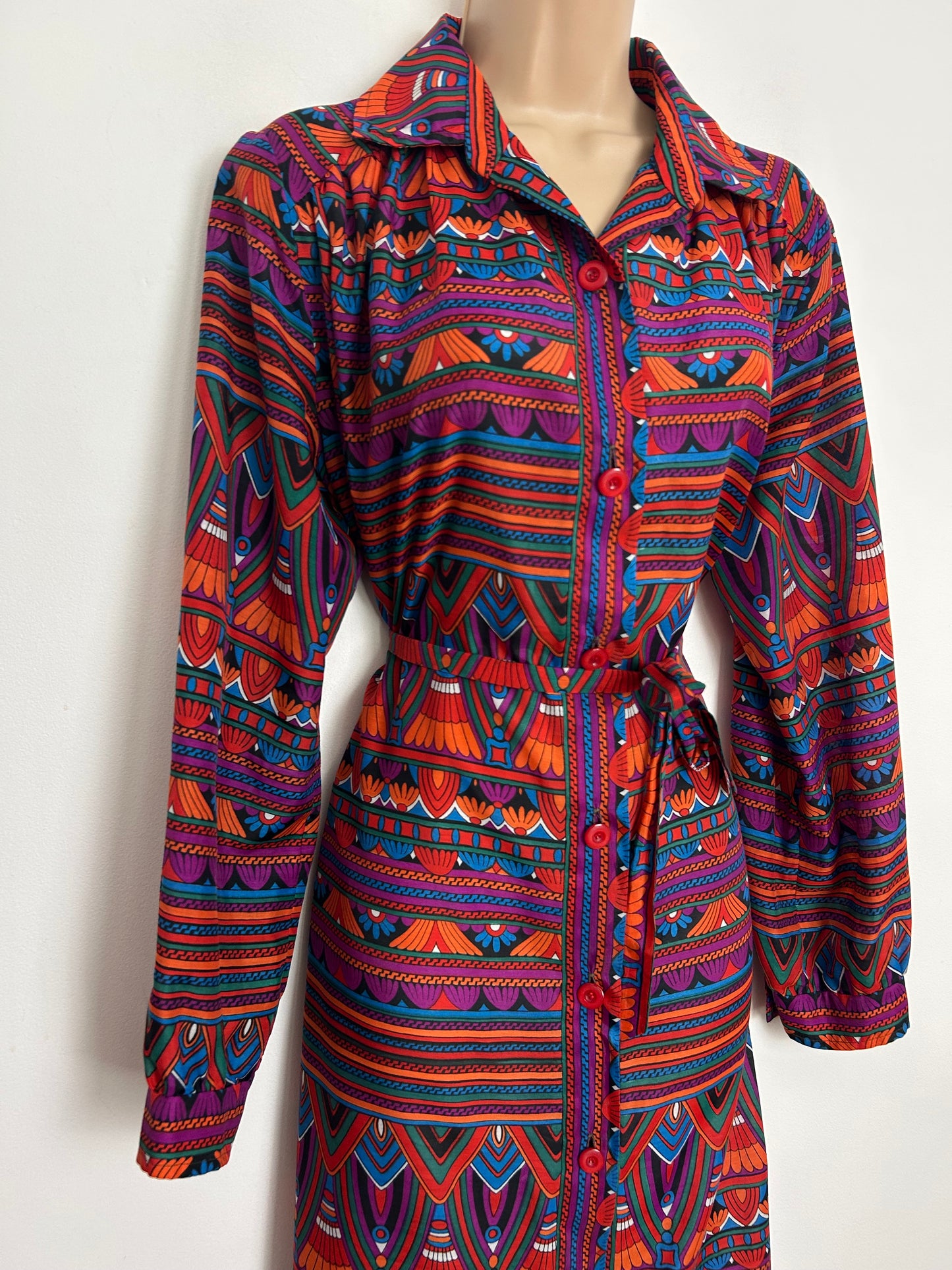Vintage 1970s 14 Purple Orange Blue & Red Abstract Stripe Print Long Sleeve Belted Mod Dress