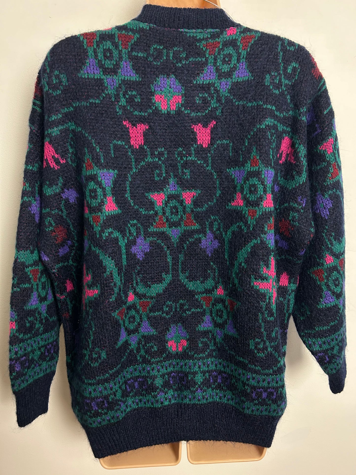 Vintage 1980s Size 14-16 Navy Blue Teal & Pink Abstract Pattern Mohair & Wool Mix Cardigan