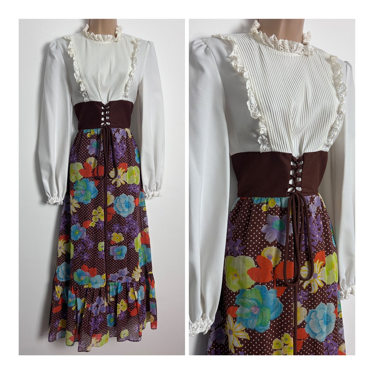 Vintage 1970s UK Size 8-10 White Brown Orange Purple Green Floral Polka Dot Prairie Maxi Dress