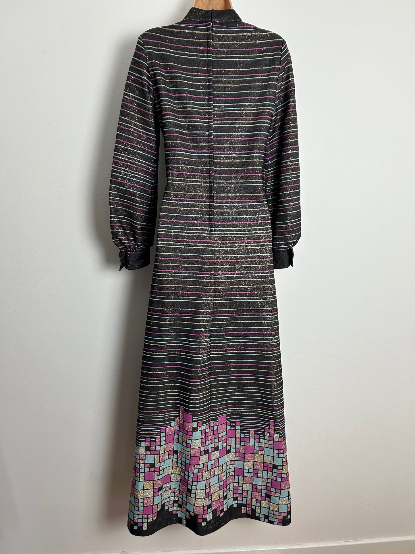 Vintage 1970s UK Size 12 Black Pink Blue Gold & Silver Stripe & Geo Print Lurex Long Sleeve Maxi Dress