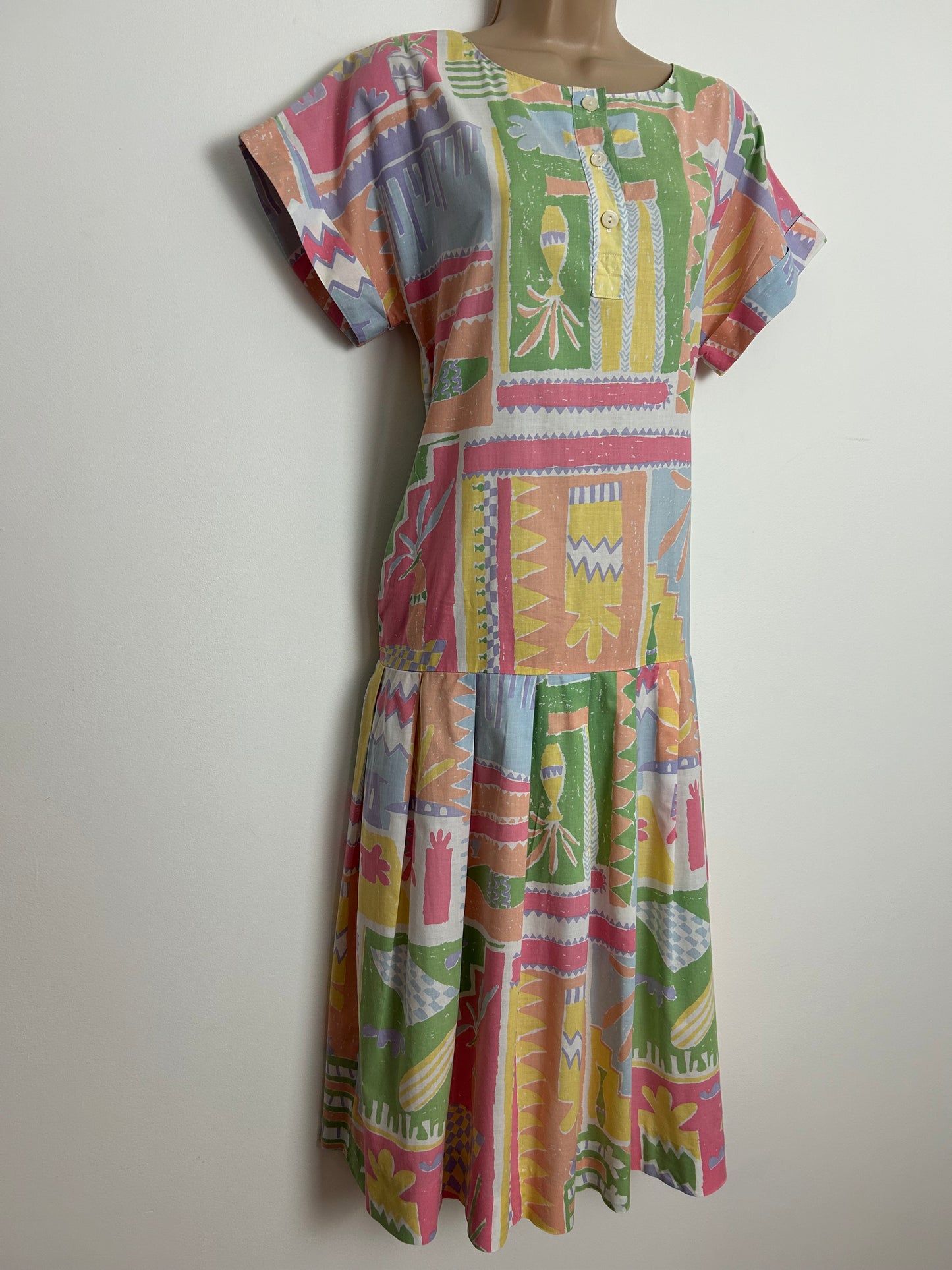Vintage 1980s LAURA ASHLEY UK Size 10 Pastel Green Lemon Pink & Blue Abstract Pink Tunic Smock Dress