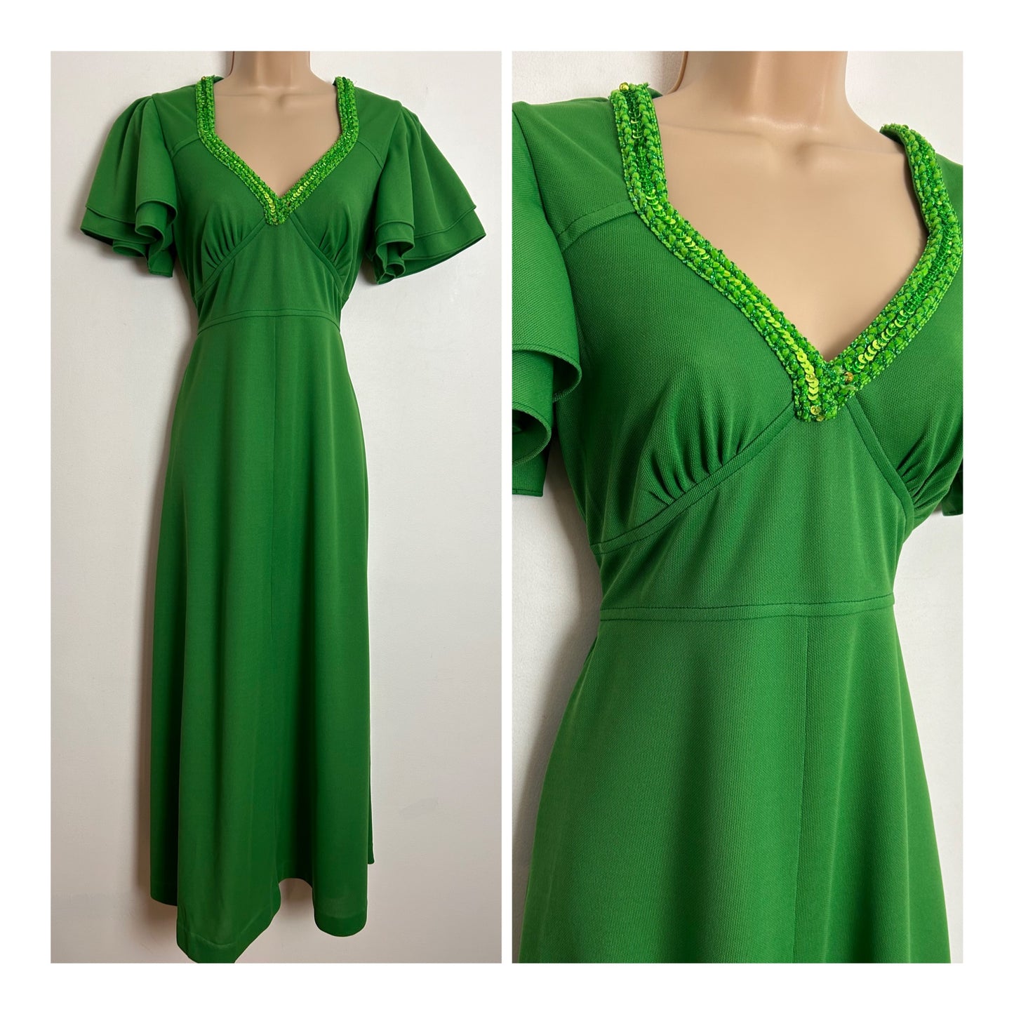 Vintage 1970s UK Size 10 Green Sequin Detail Short Layered Flared Sleeve Tie Back Boho Maxi Dress
