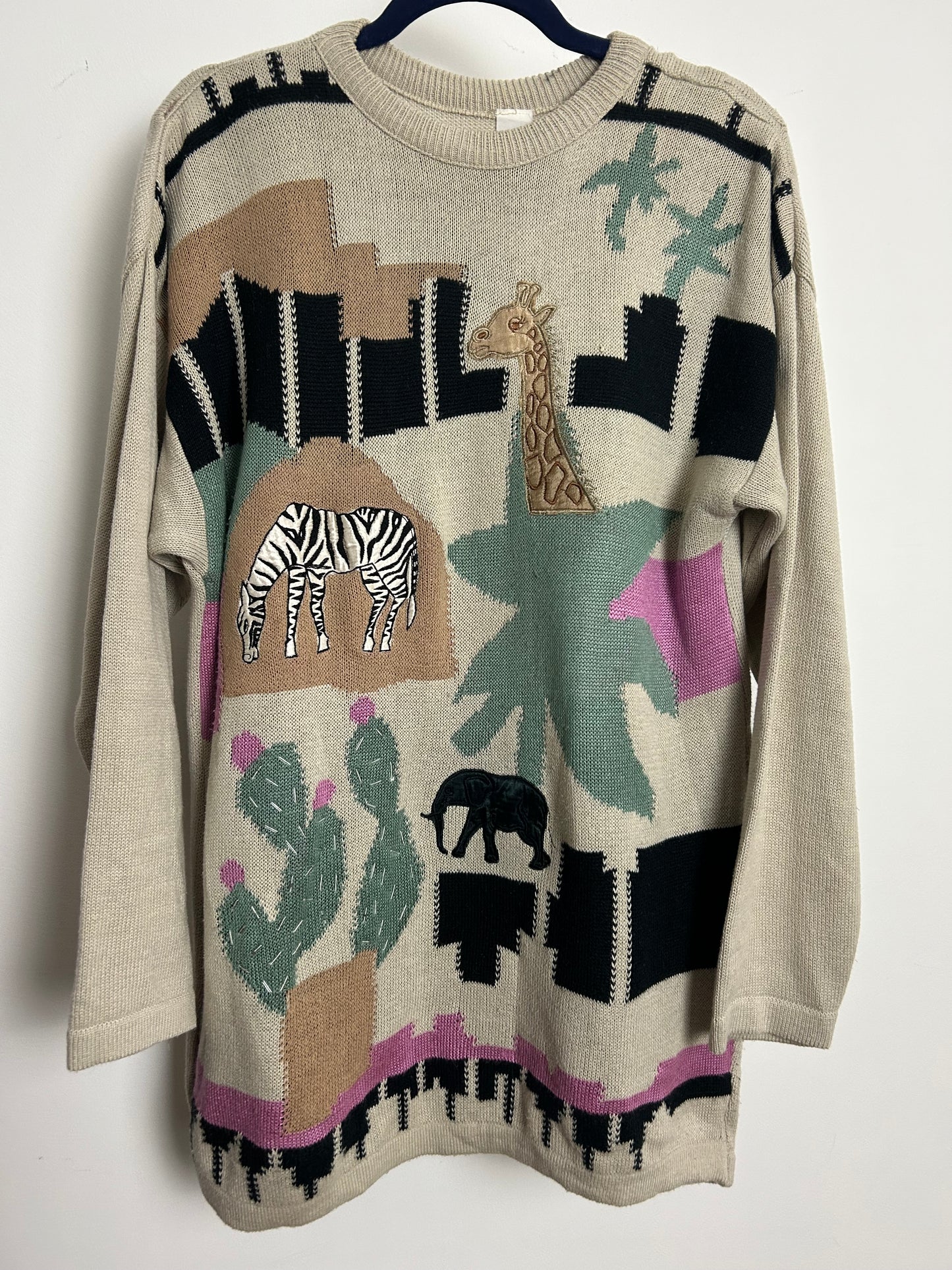 Vintage 1980s Up To Size 16 Beige Green Pink & Black Animal Applique Novelty Jumper