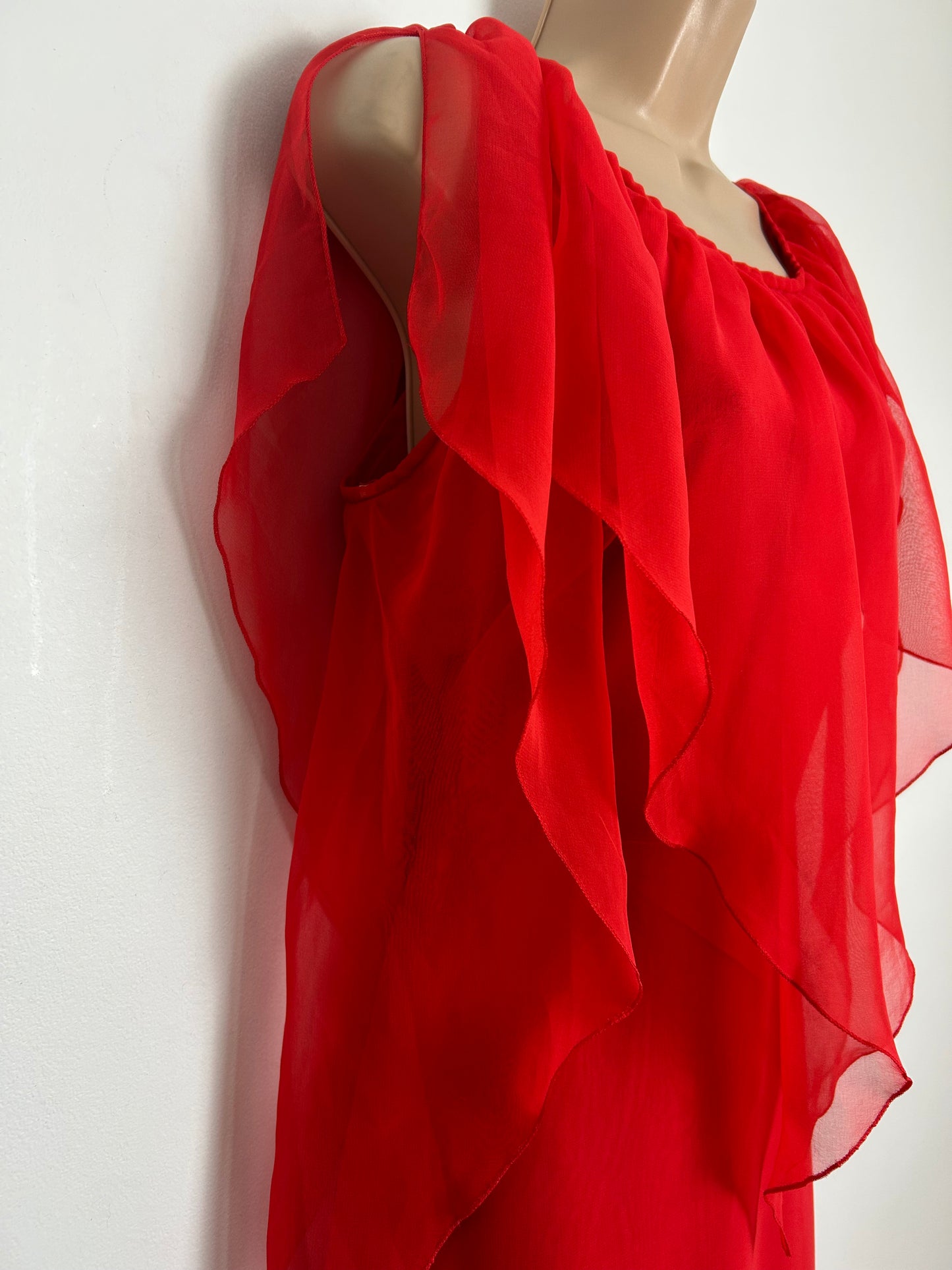 Vintage 1970s DEBENHAMS Size 12 Red Chiffon Split Floaty Sleeve Layered Occasion Maxi Dress