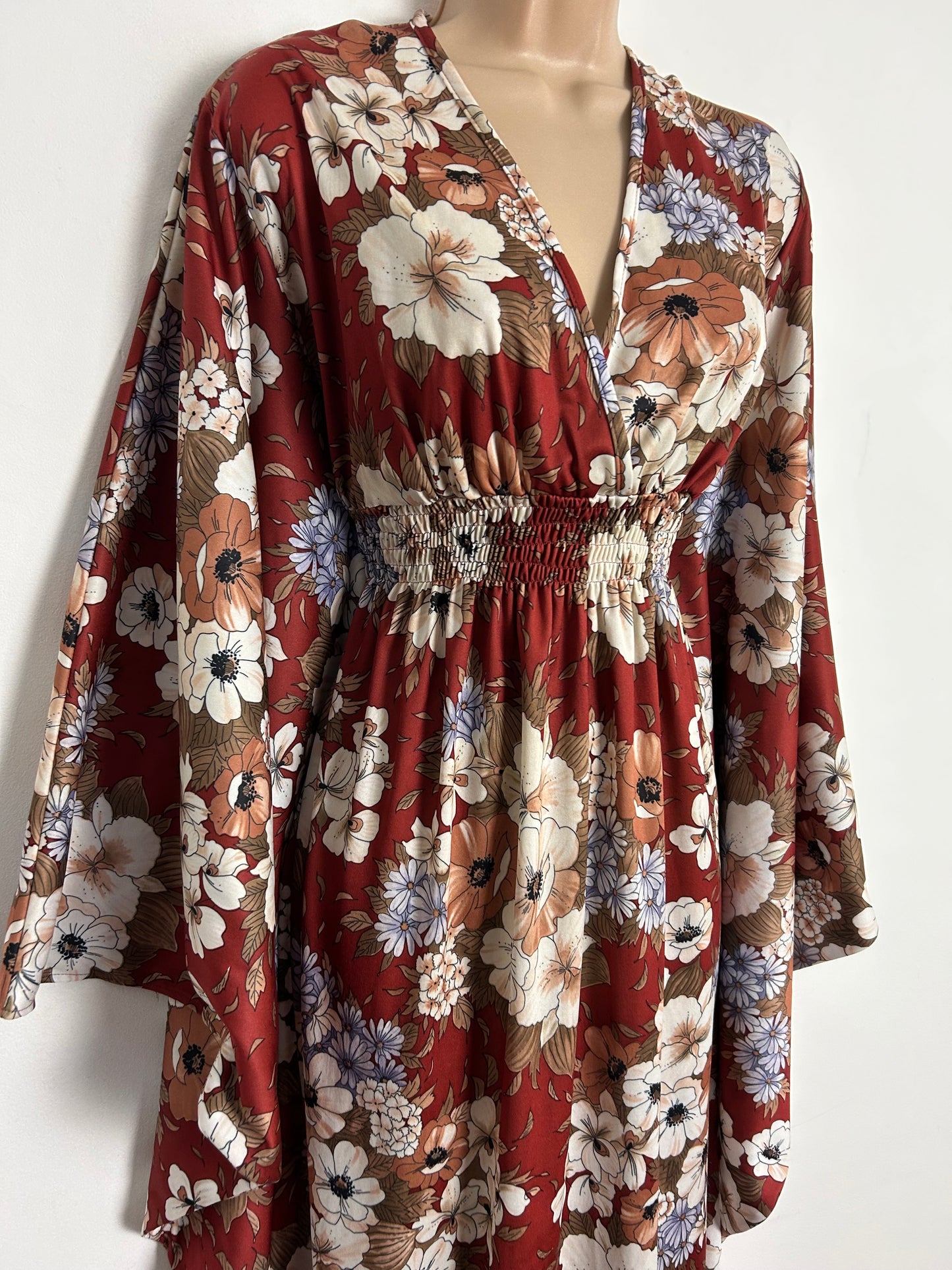 Vintage 1970s SYLVAN One Size Up To Size 12/14 Chestnut Brown Floral Print Wide Sleeve Kaftan Style Boho Maxi Dress