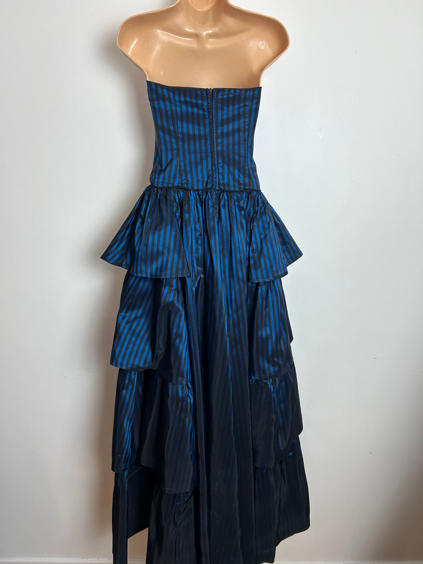 Vintage 1980s LAURA ASHLEY UK Size 10 (Size 14 On Label) Strapless Blue & Black Stripe Tiered Full Length Ballgown