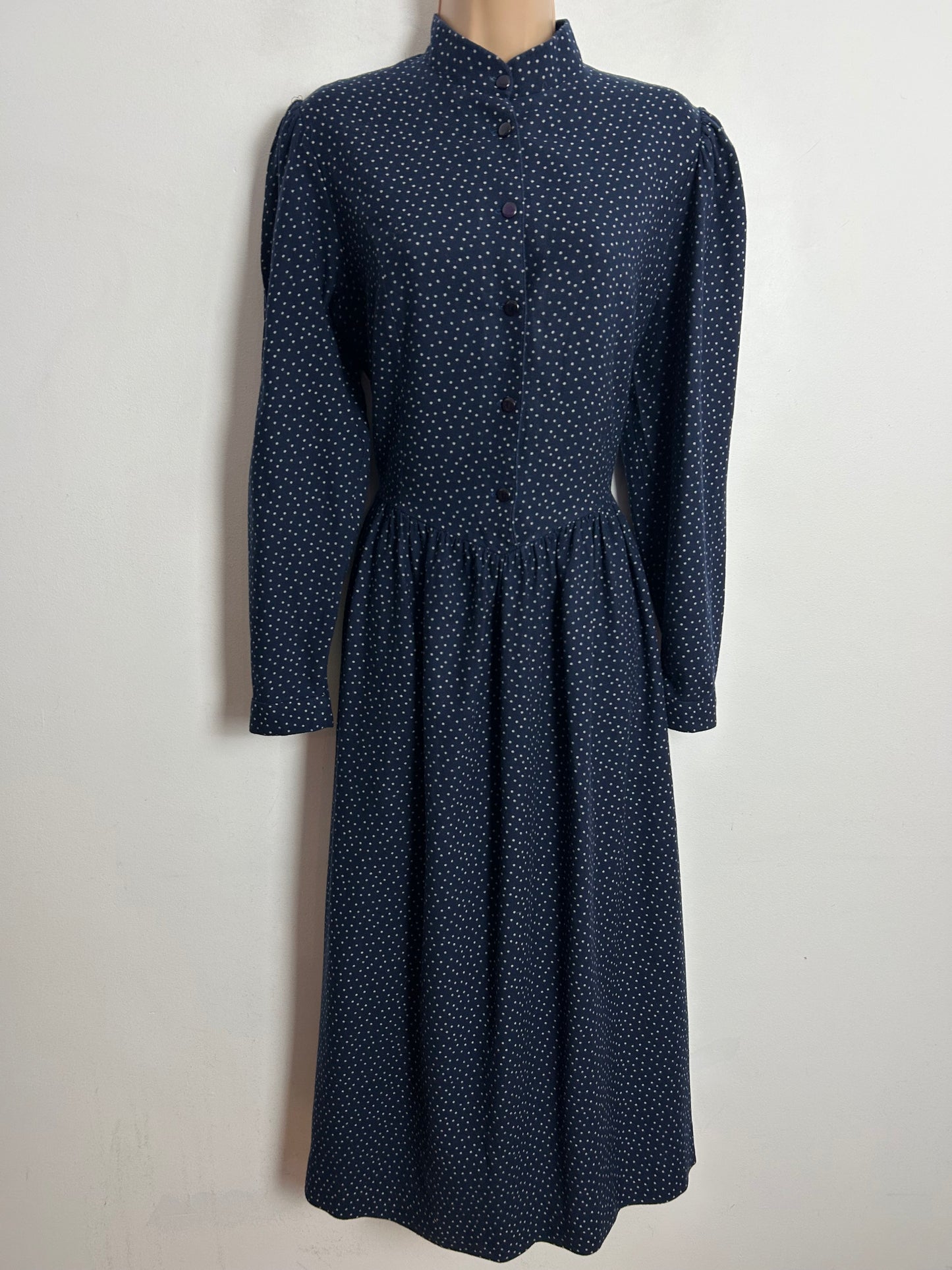 Vintage 1980s LAURA ASHLEY UK Size 10-12 (Size 14 On Label) Navy Blue Polka Dot Print Cotton Long Sleeve Day Dress