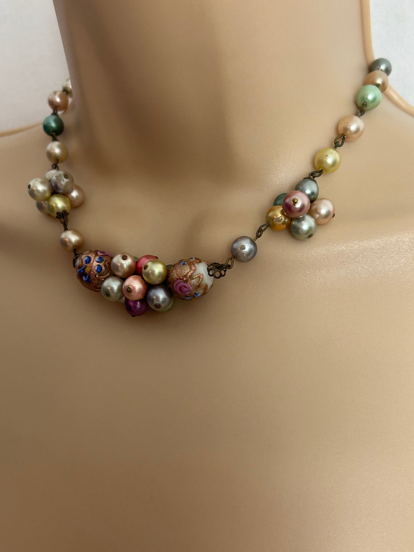 Vintage Venetian Murano Pink Blue & White Coated Glass Wedding Cake Lamp Work Beaded Necklace