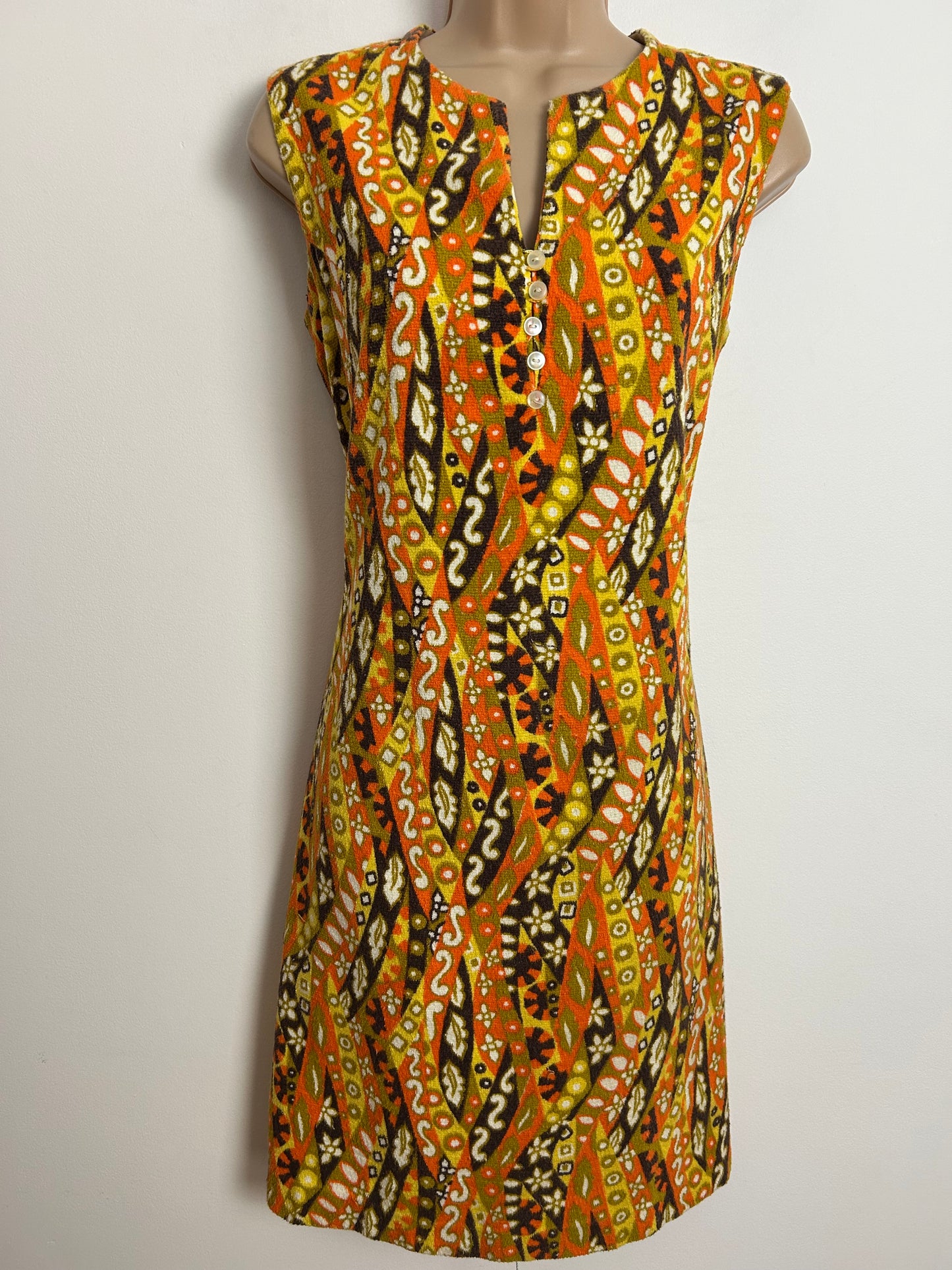 Vintage 1960s Size 10-12 Orange Yellow & Brown Abstract Psychedelic Print Towelling Mod Shift Dress
