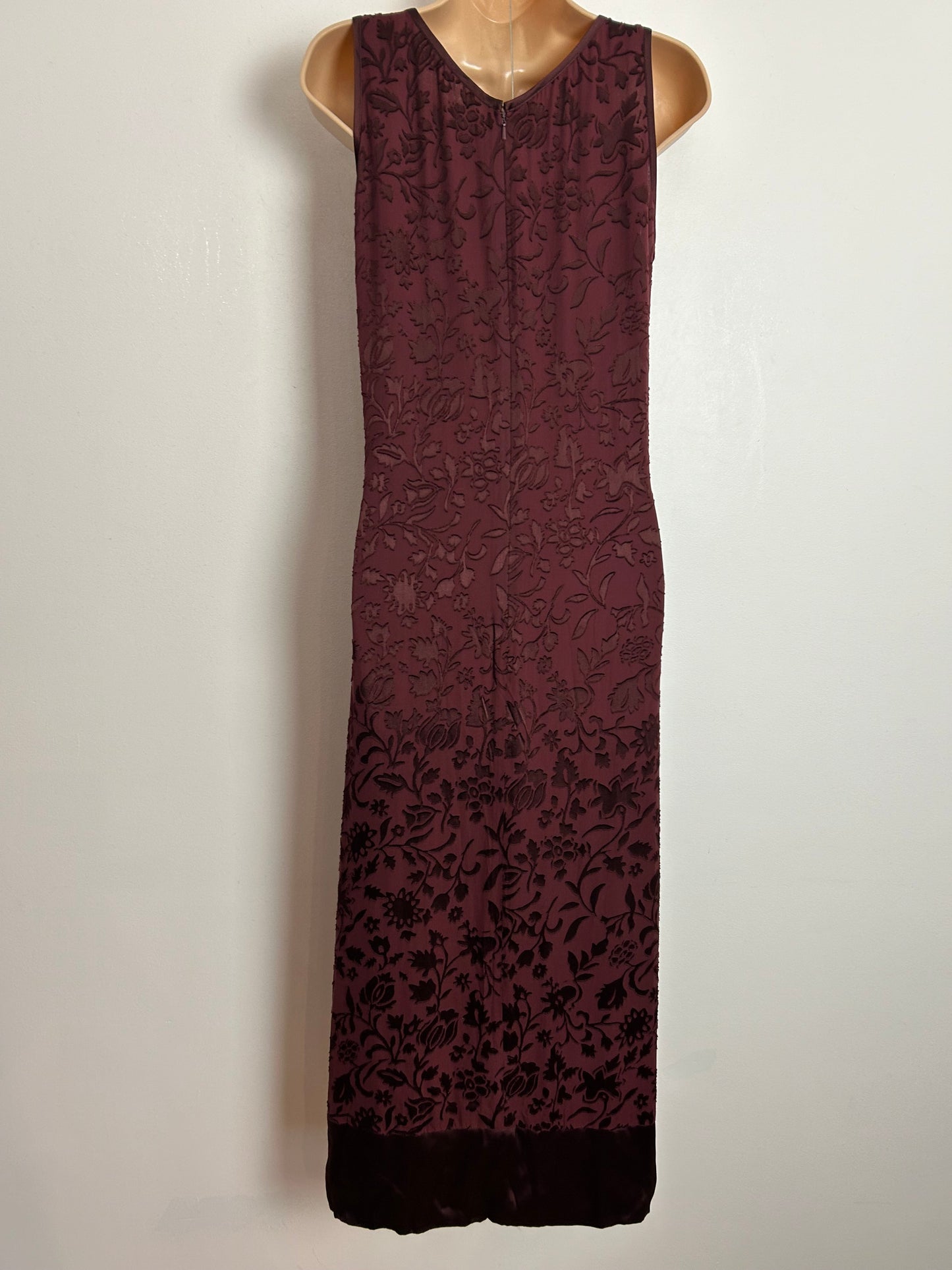 Vintage 1990s LAURA ASHLEY UK Size 10 (Size 12 On Label) Dark Claret Red Floral Damask Silk Mix Midi Occasion Dress