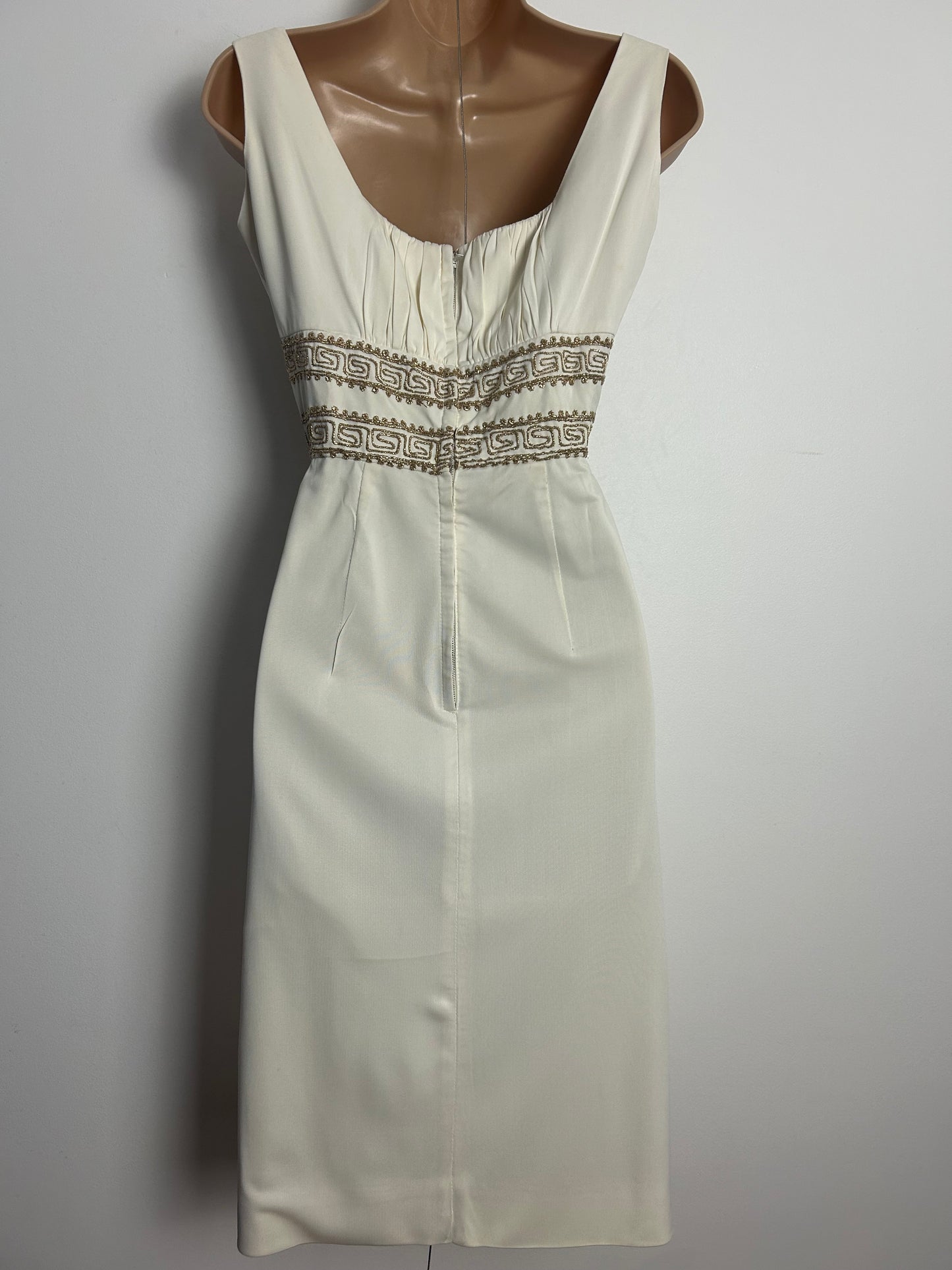 Vintage Early 1960s BLANES Size 6-8 Cream & Gold Greek Key Braid Pattern Summer Occasion Party Dress