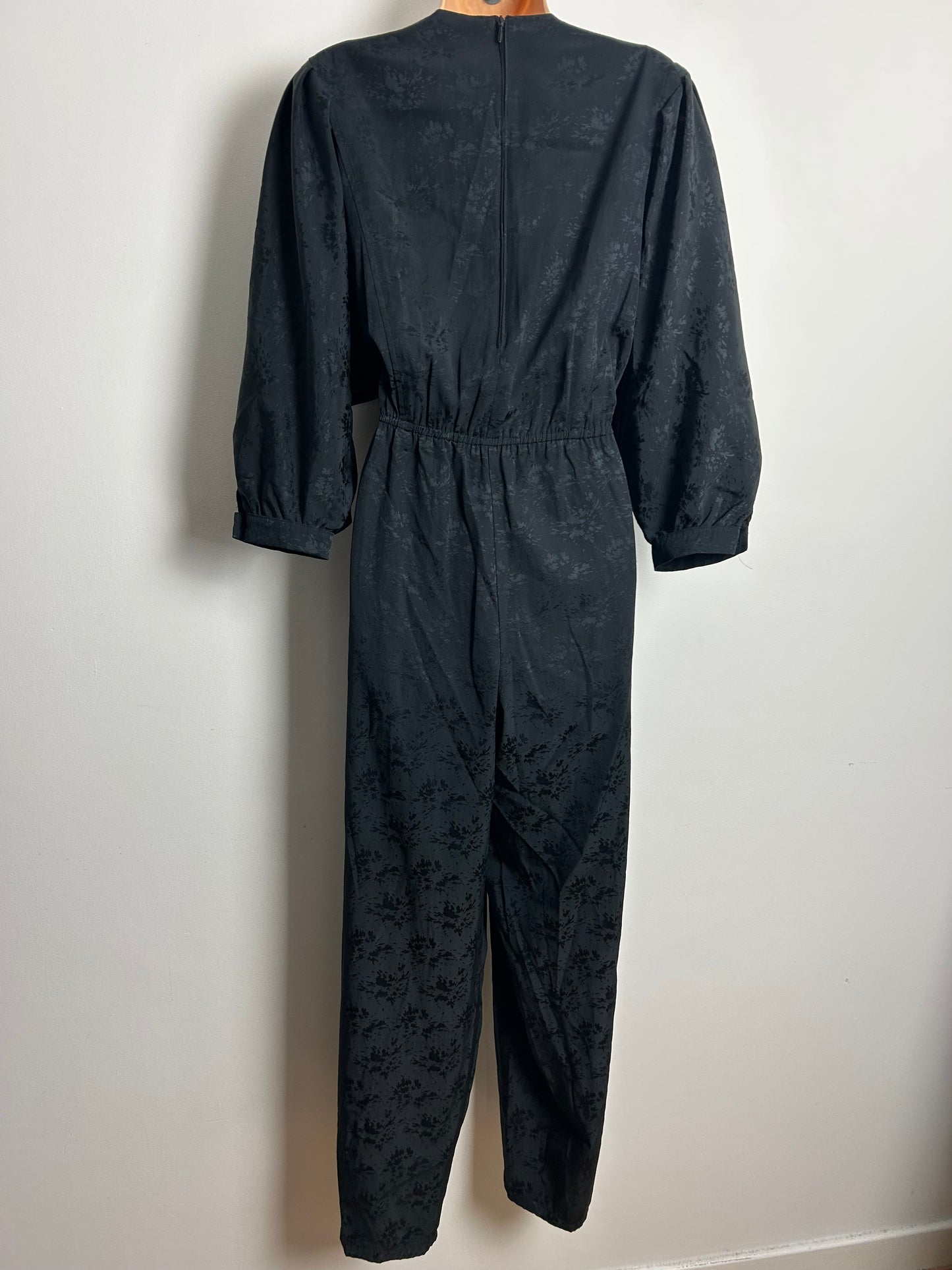 Vintage 1980s YOUR SIXTH SENSE Size 14 Black Abstract Pattern Bat Wing Sleeve Tapered Leg Jumpsuit