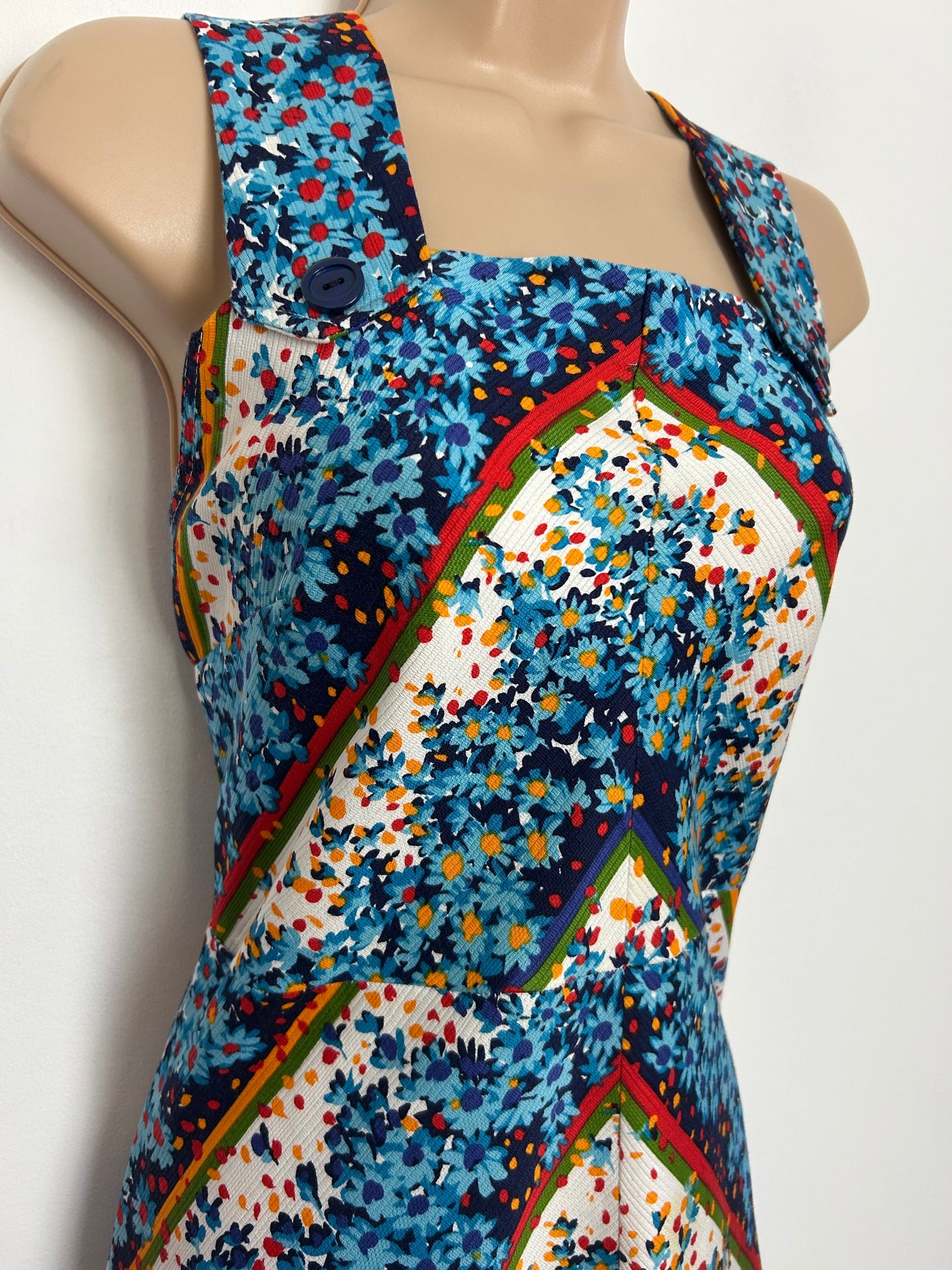Vintage 1970s SOLIDA Size 12 Blue White Orange Red Floral & Stripe Print Cotton Summer Day Dress