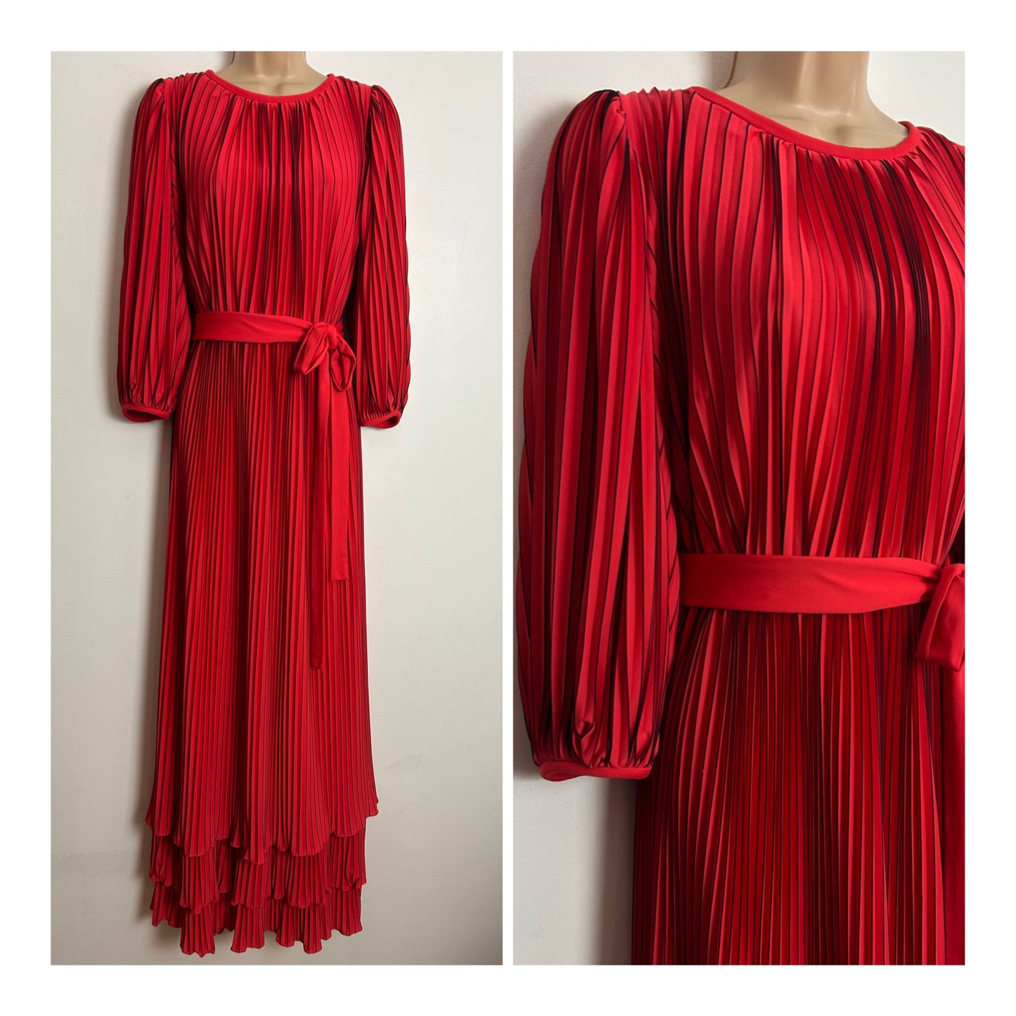 Vintage Late 1970s PETER ELLIS UK Size 10 Red & Black Stripe Edged Accordion Pleated Belted Occasion Maxi Dress