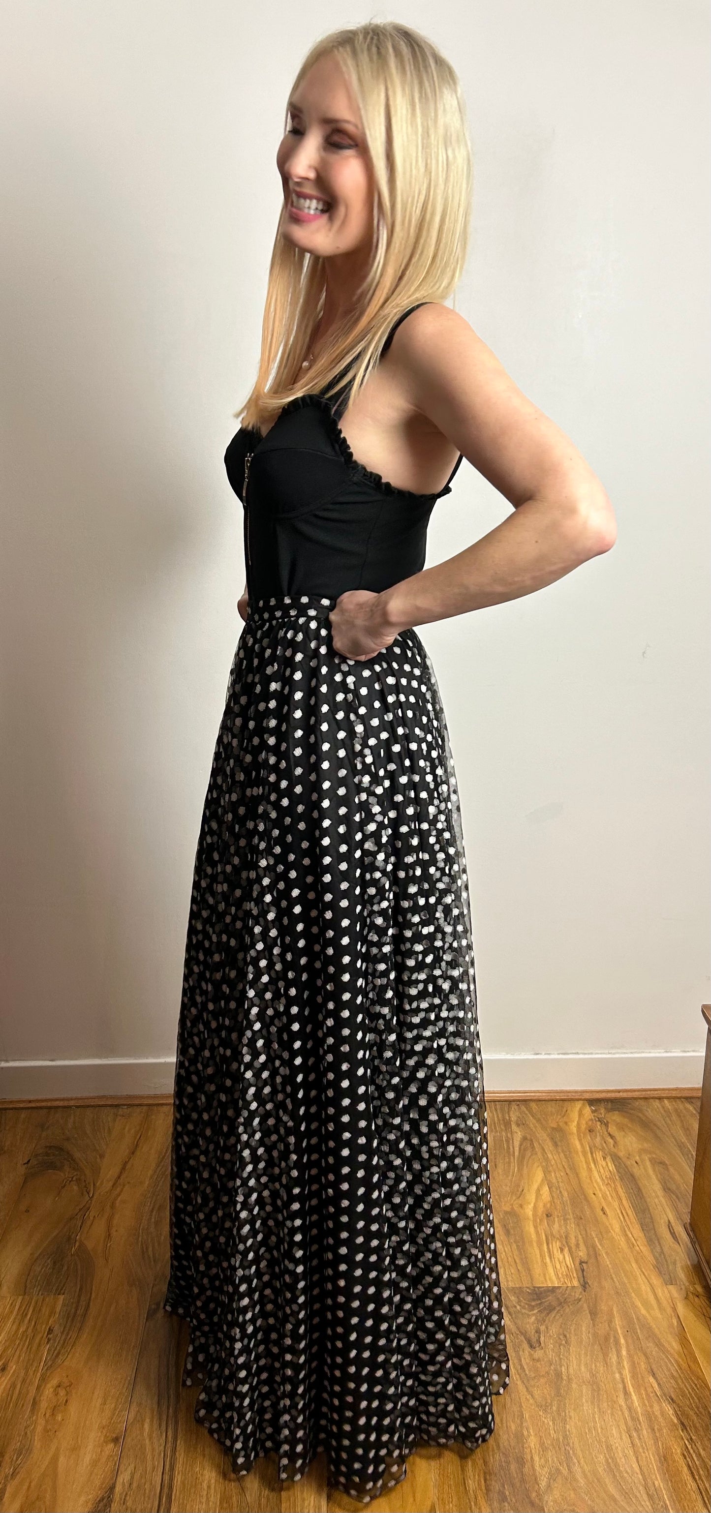 Vintage 1970s YVETTE UK Size 8 Gorgeous Black & White Spotty Floor Length Maxi Skirt
