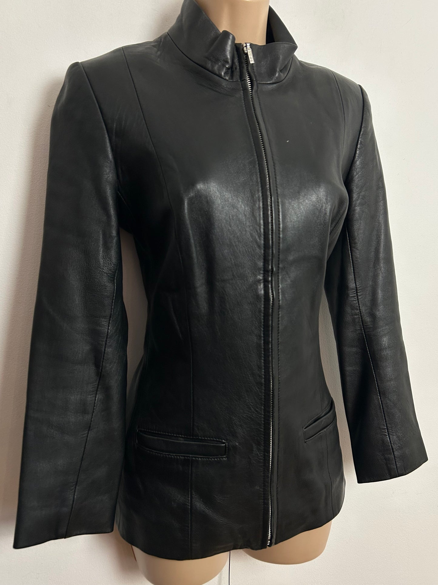 Vintage 1990s UK Size 8-10 "HUGO" Black Leather Zip Fronted Long Sleeve Jacket