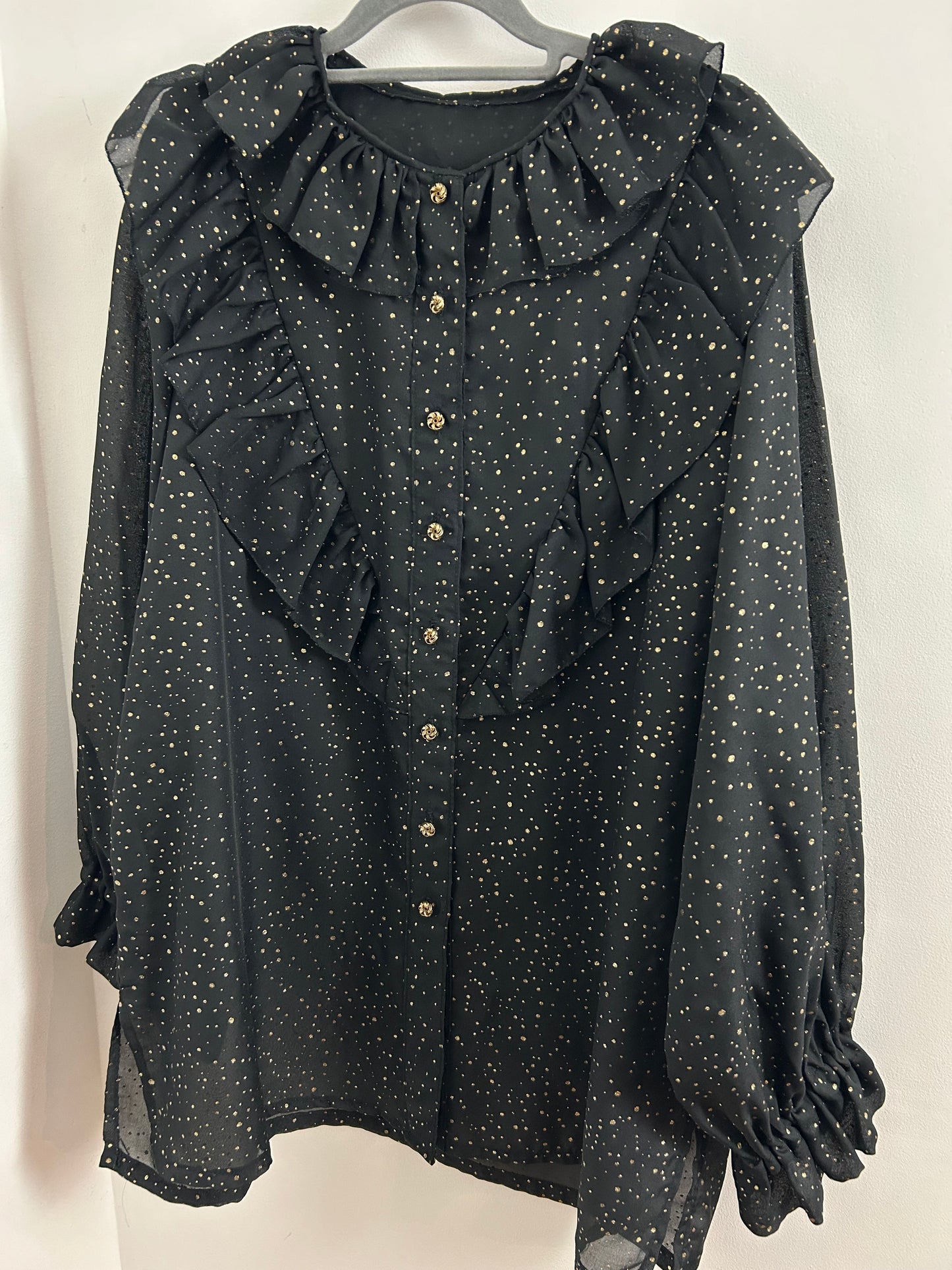 Vintage 1980s Size 16/18 Black & Gold Glittery Spot Pattern Ruffle Trim Long Sleeve Blouse