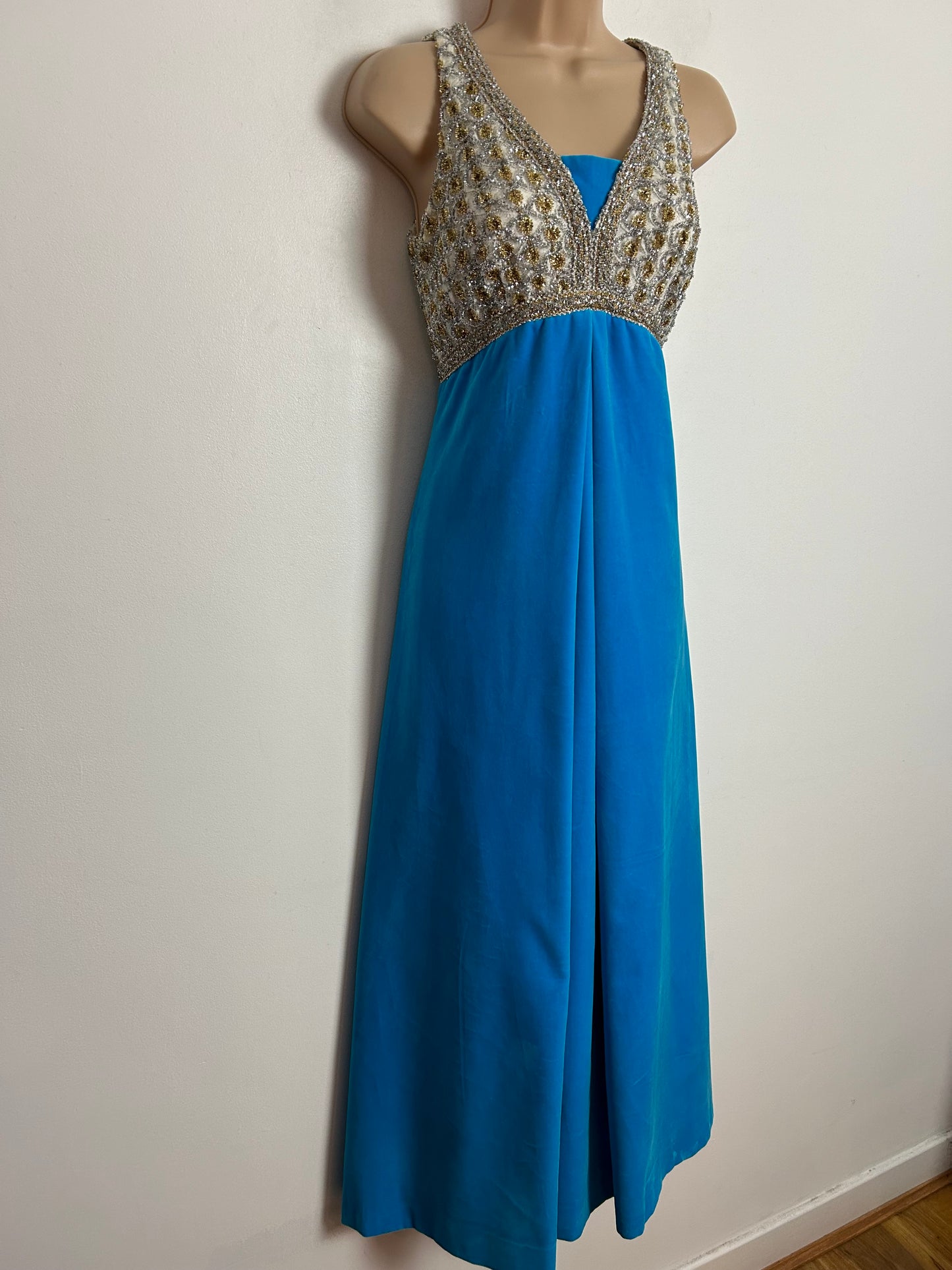 Vintage 1960s FRESH GENERATION UK Size 8 Turquoise Gold & Silver Velvet & Lace Occasion Evening Maxi Dress