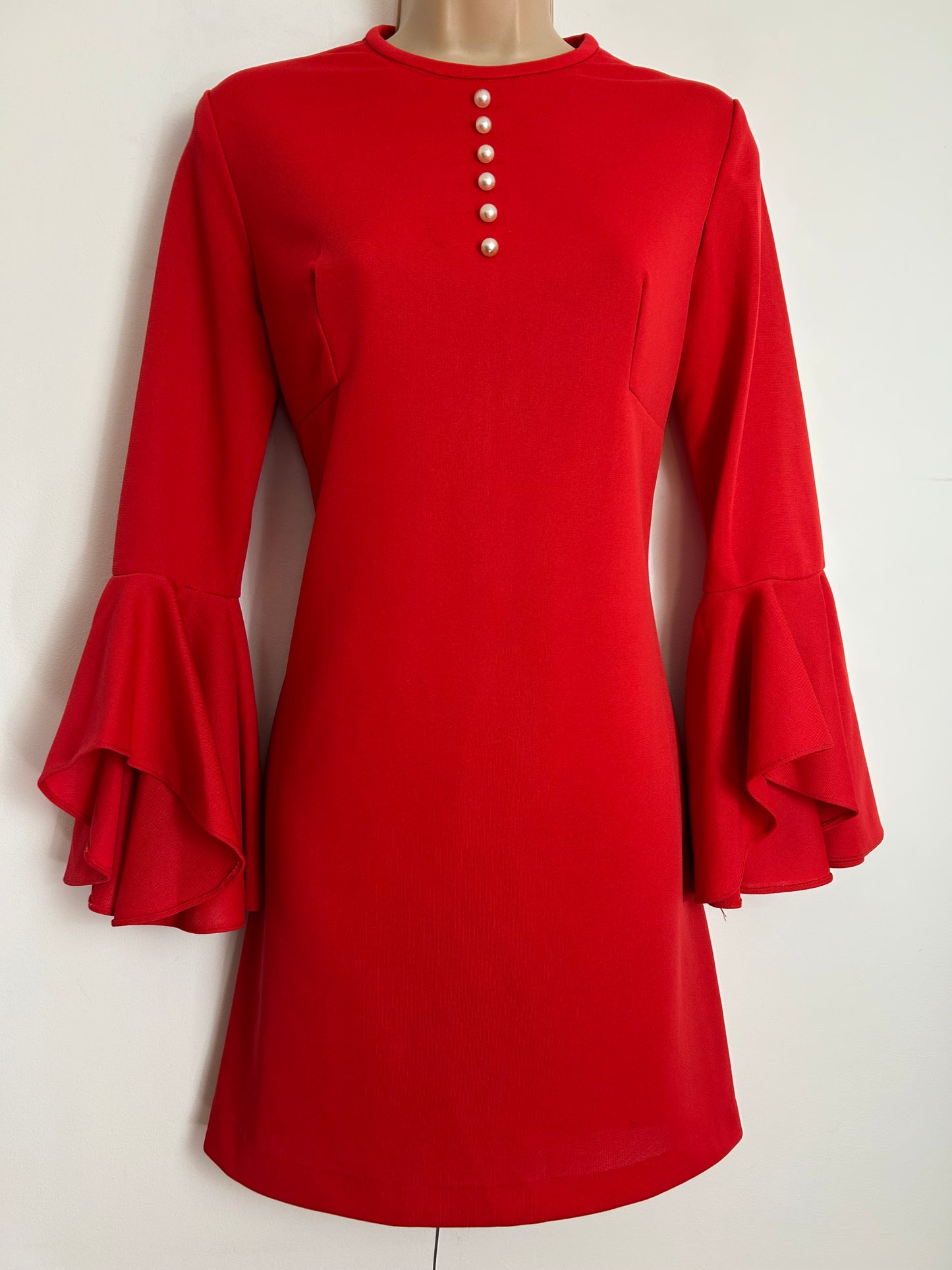 Vintage 1960s Size 8 Red Long Flared Trumpet Sleeve Mini Mod Shift Dress